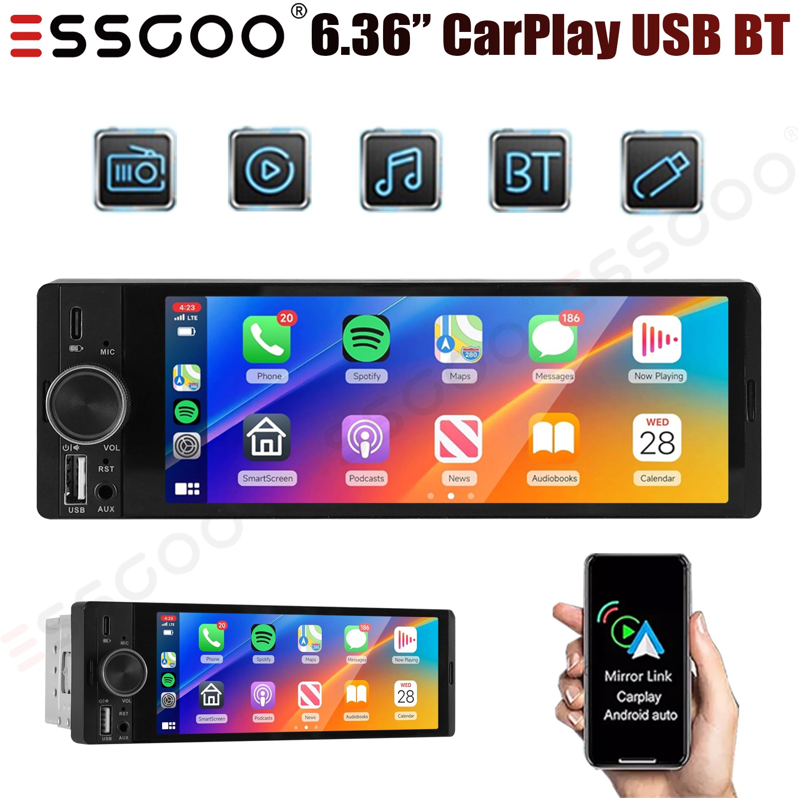 6.36″ Single Din Car Stereo Wireless CarPlay Android Auto Radio MP5 FM Bluetooth