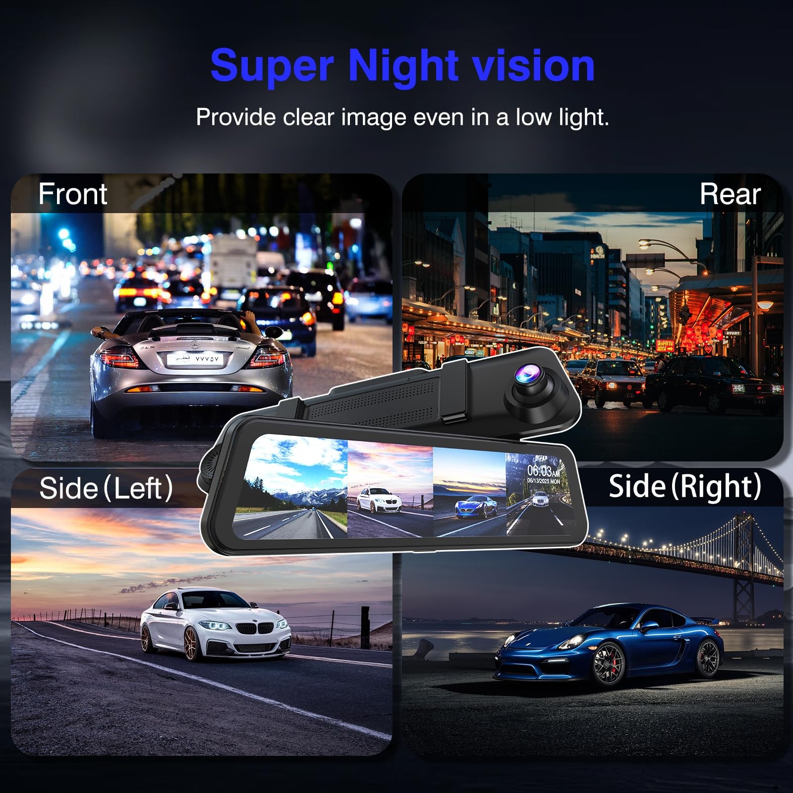 360 Degree View 4 Channel Mirror Dash Cam Detached Camera for Cars，Dash Cam F…