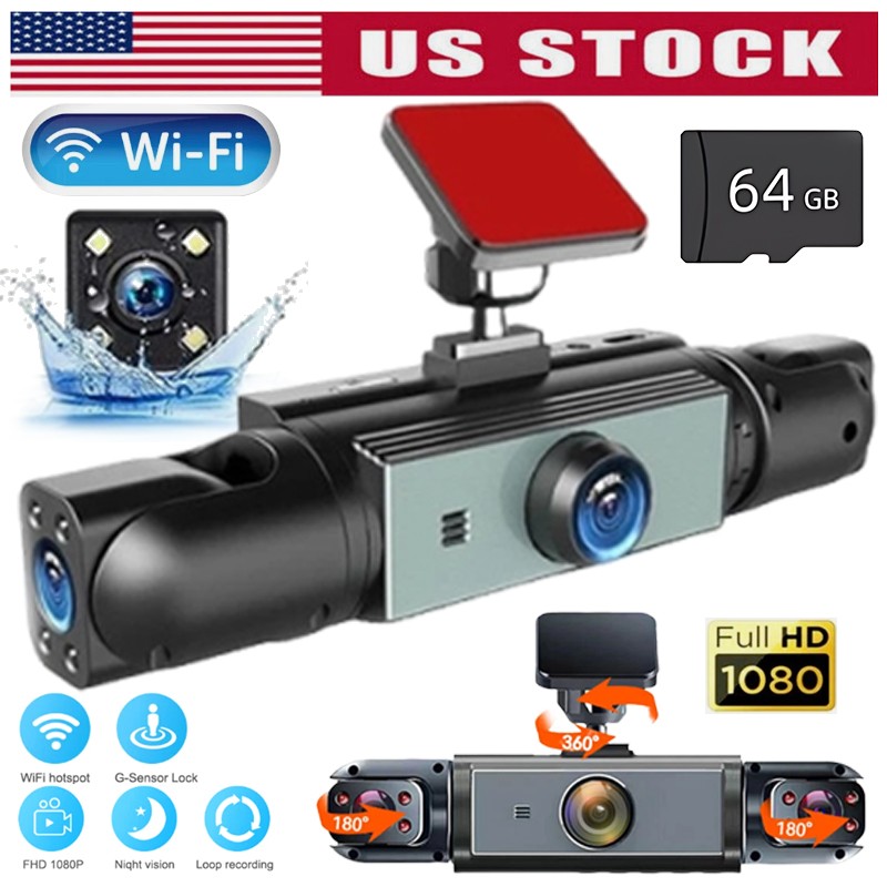 Dash Cam 4 Channel Front Rear Inside DashCam, WIFI 1080P HD Car DVR Camera 64GB