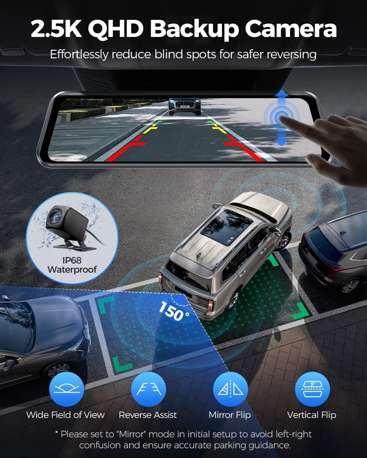 PG17 Max 4K+2.5K Mirror Dash Cam, 12″ Front and Rear Camera with Night Vision AR
