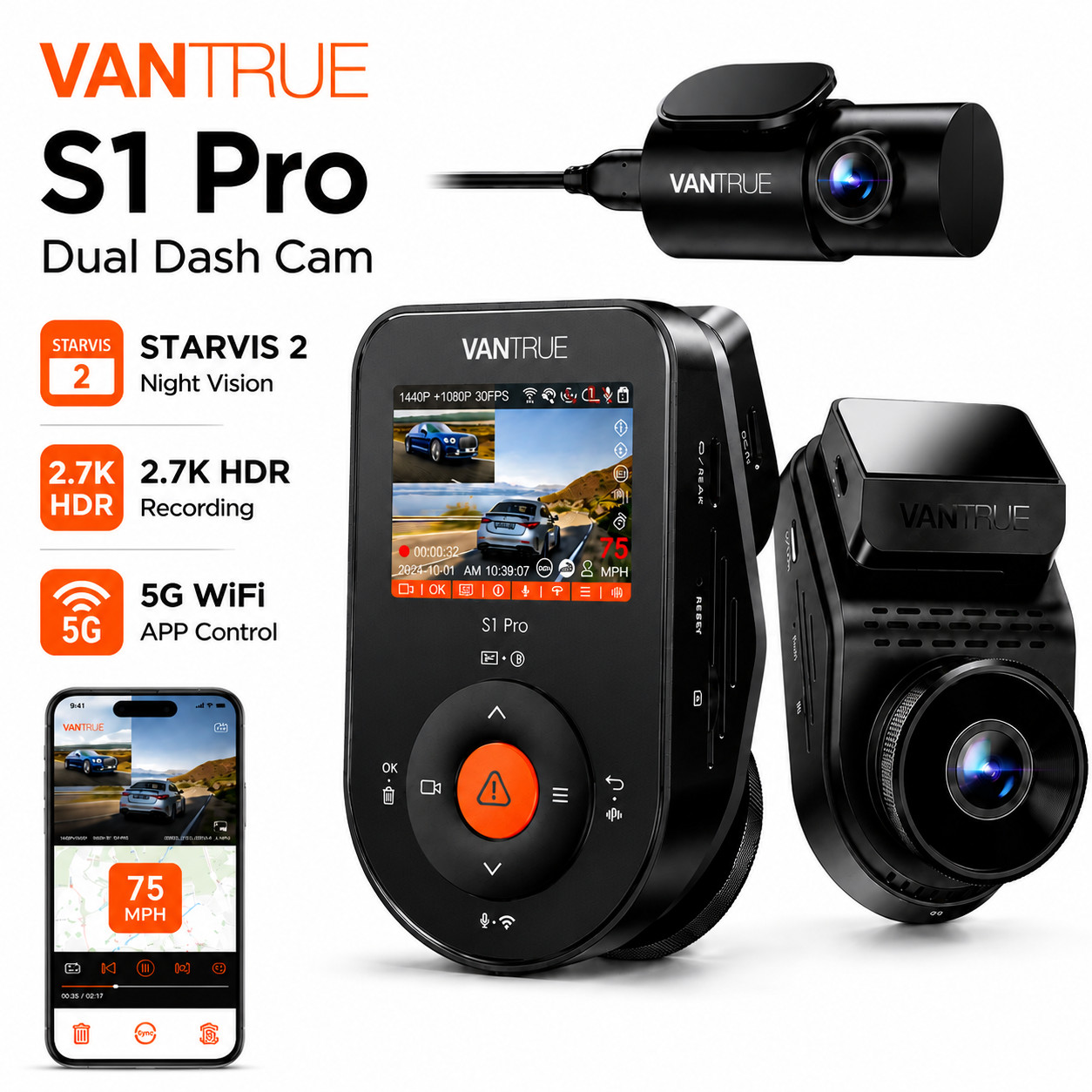 Vantrue S1 Pro Dash Cam Front and Rear, STARVIS 2 Night Vision AI Dual Dash Cam