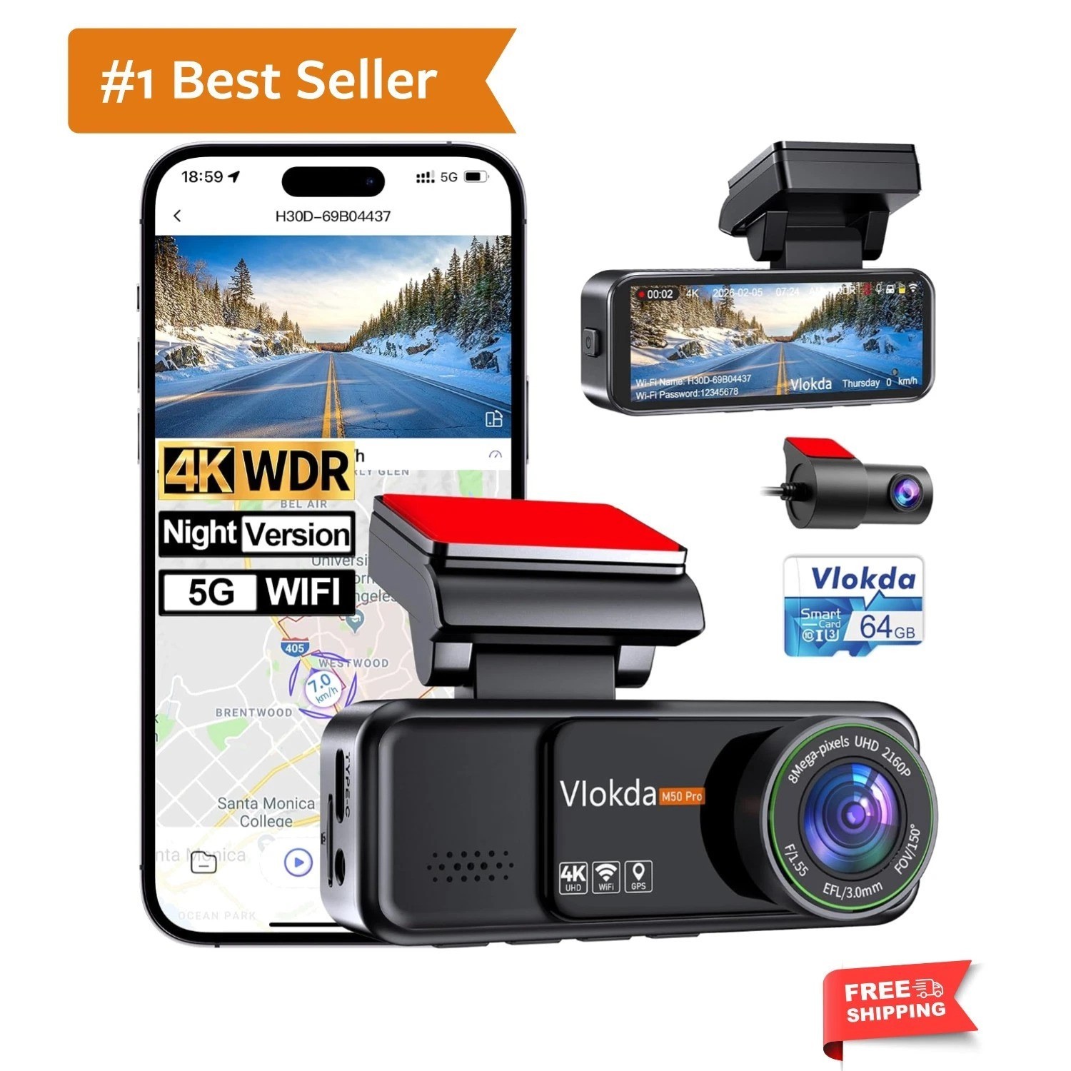 Dash Cam Front and Rear, 4K + 1080P Dual Camera for Cars 64GB | Built-in GPS,…