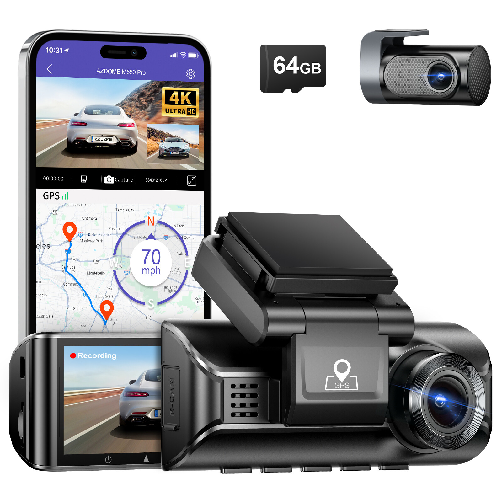 AZDOME 4K+1080P Car DVR Dash Cam Video GPS Dashboard Camera Front& Rear Recorder