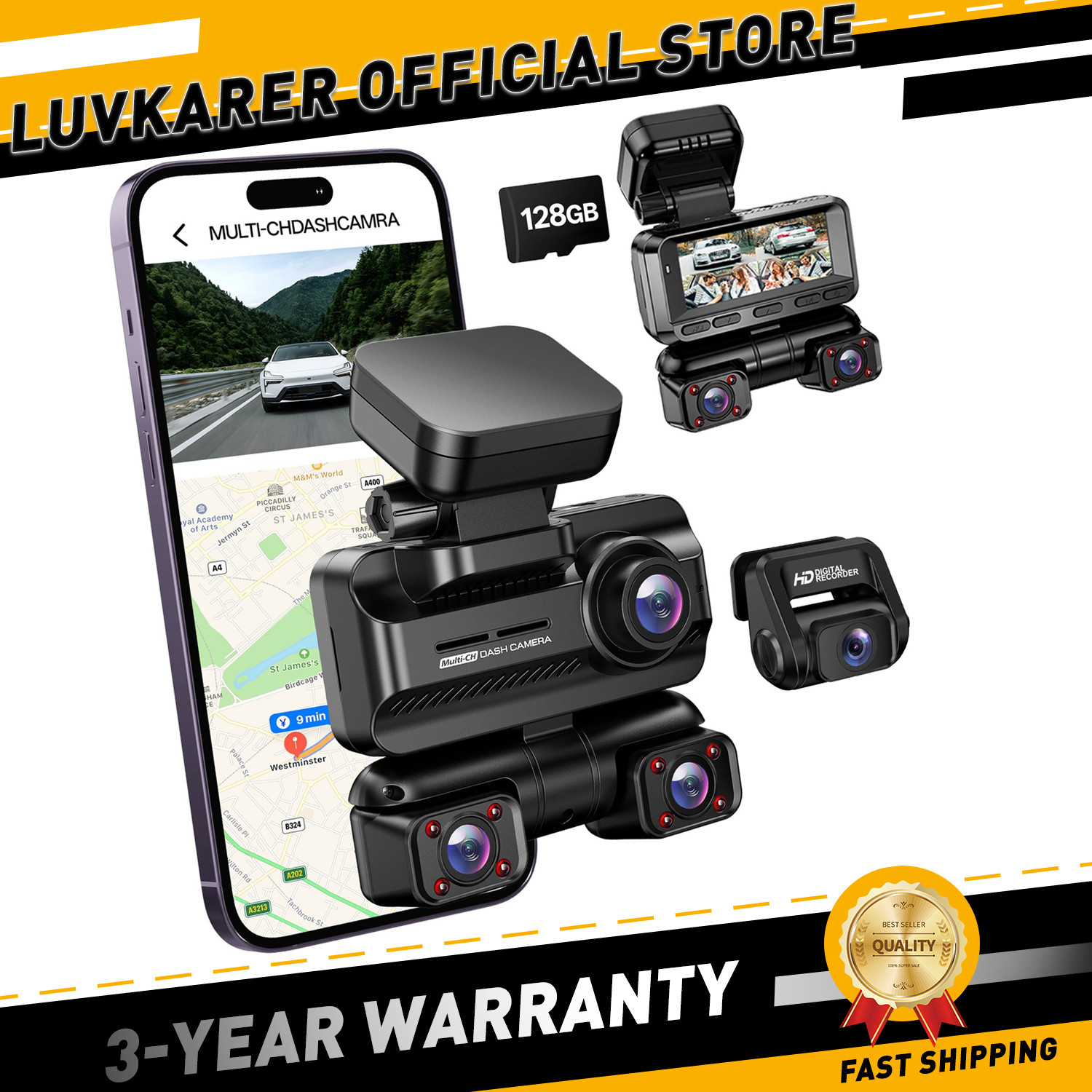 4CH Dash Cam Front Rear Inside,360°Car Camera 4K Free 128GB,WiFi GPS,3.18″ IPS