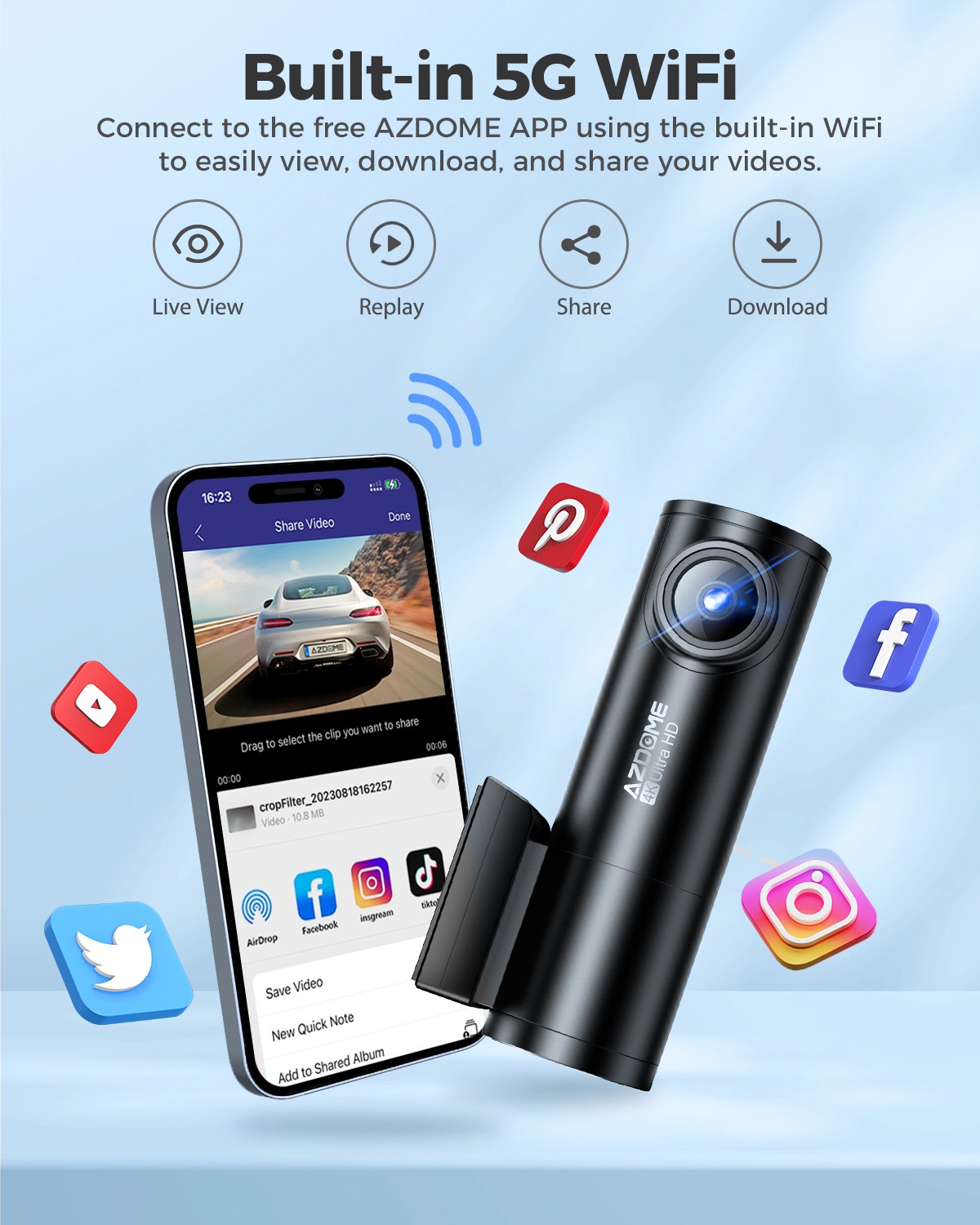AZDOME Dash Camera 4K Wi-Fi GPS Voice Control Dash Cam Parking Mode 64GB SD Card