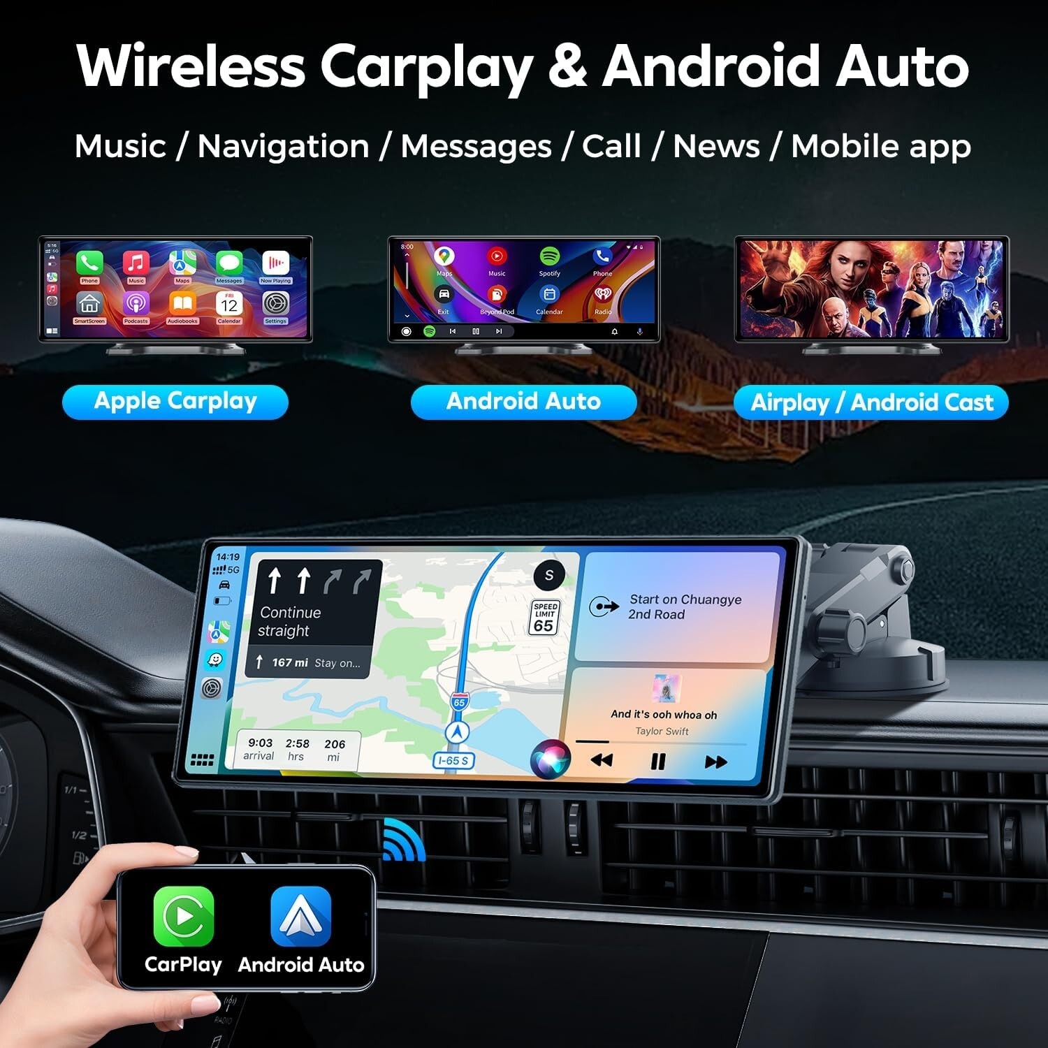 10.26″ Wireless Apple Carplay/ Android Auto Screen, Strong Mount, with GPS