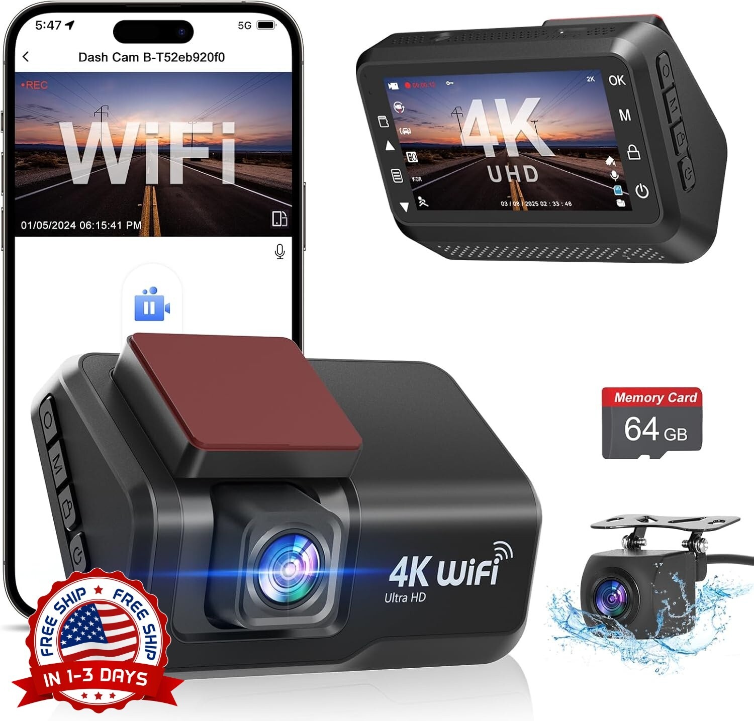 Cámara De Salpicadero Dual Con WiFi 4K+1080P Y Aplicación, Frontal Y Trasera NEW
