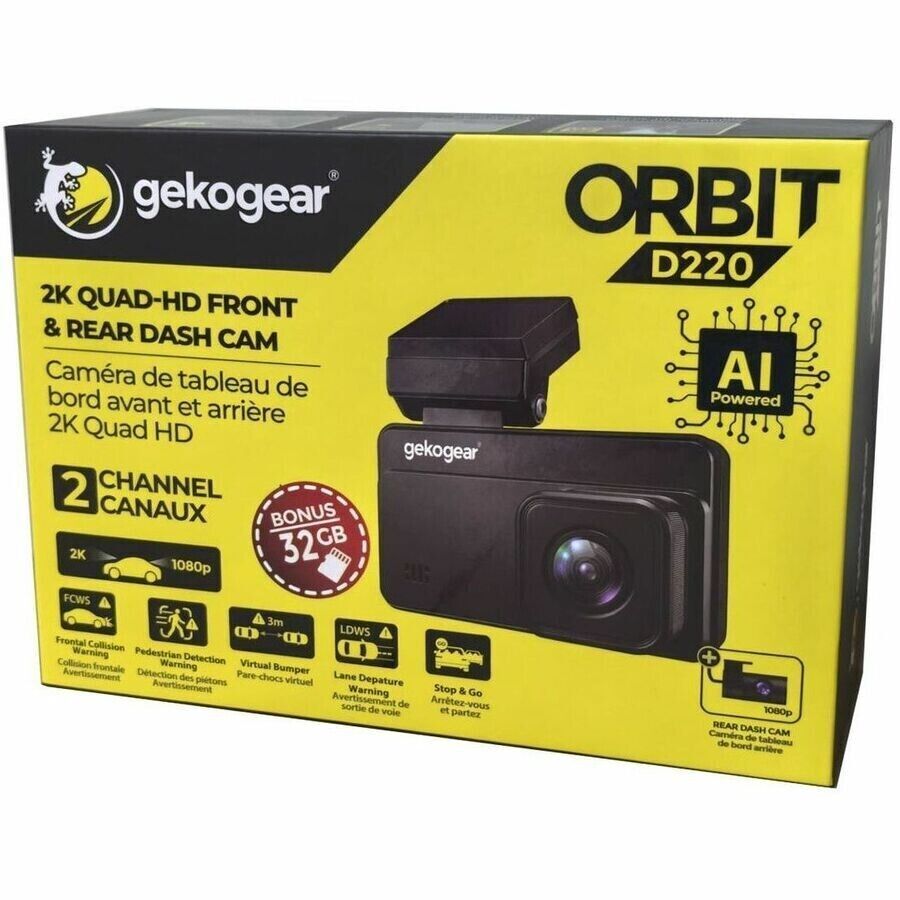 Adesso Orbit D220 GekoGear 3″ LCD 2560×1440 2K Q-HD AI Front Back Dash Cam 32GB