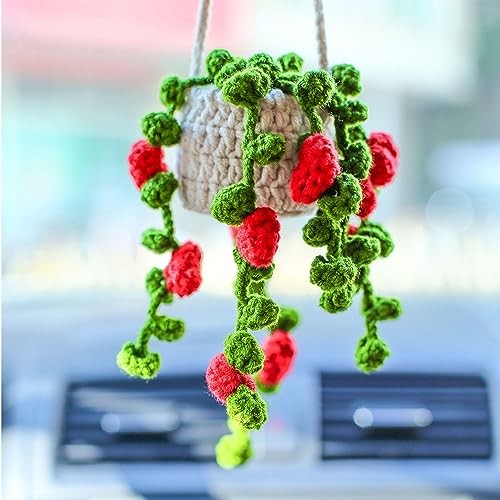 Car Mirror Hanging Accessories ， Car Rearview Mirror Decor，Cute Crochet Red