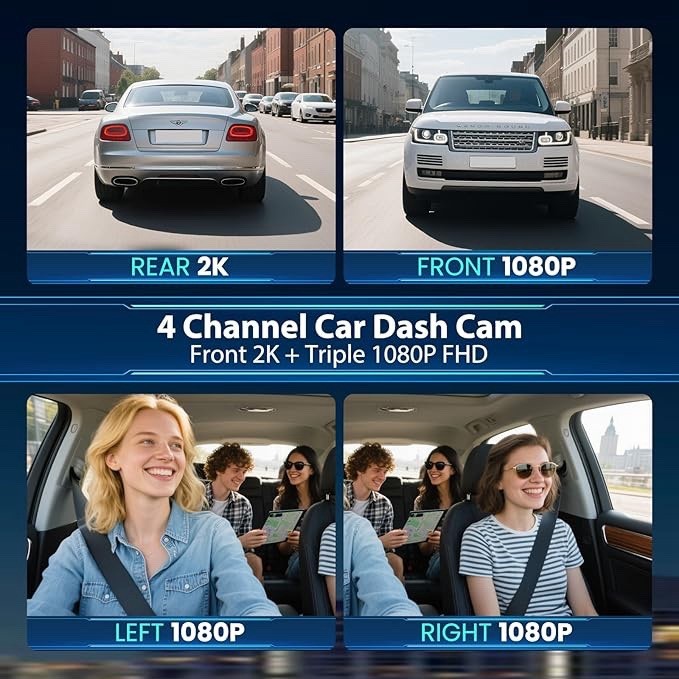 4 Channel Car Dash Cam 360° Coverage – Front 2K + Triple 1080P HD Car Camera …