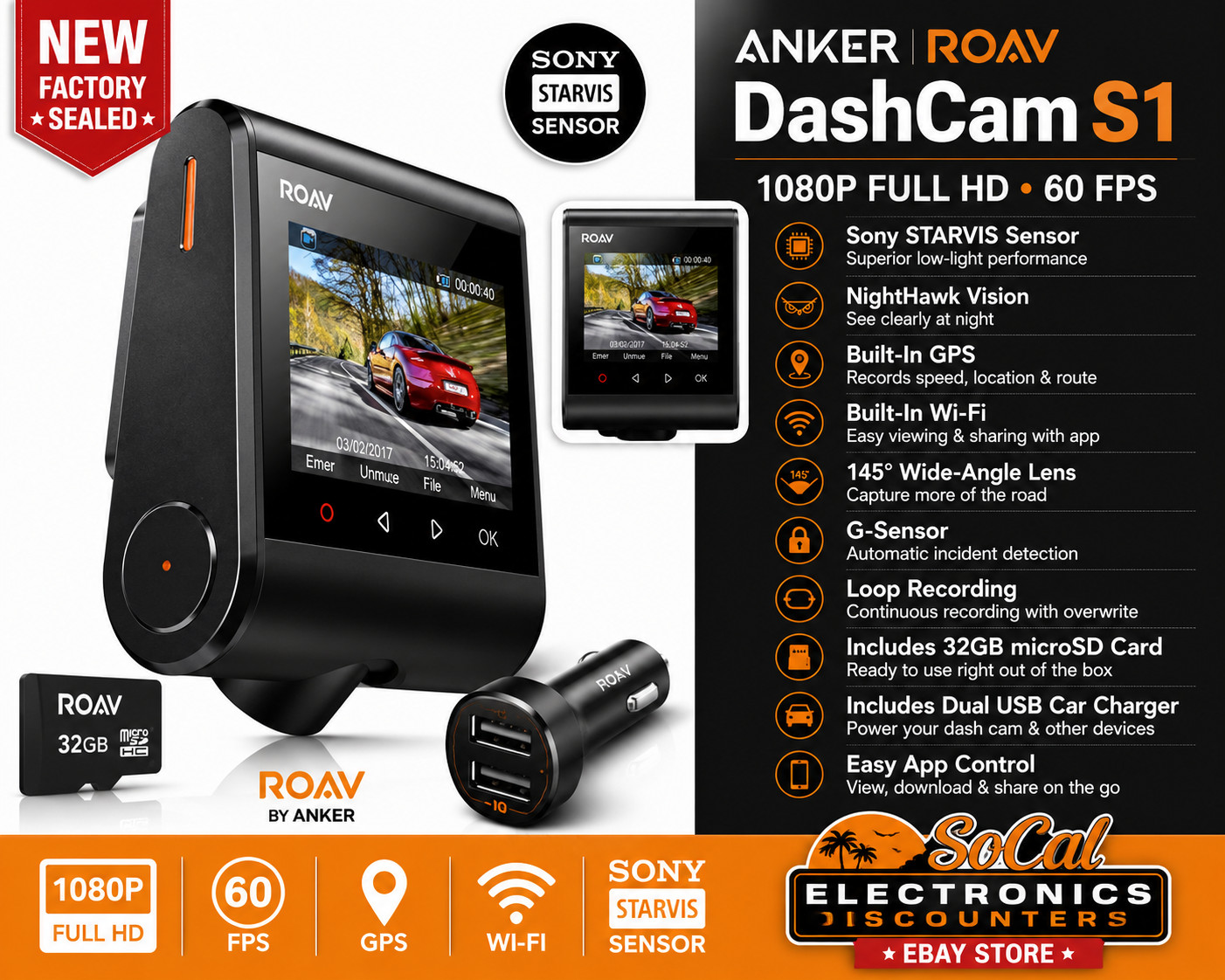 ROAV DashCam S1 1080P Full HD Sony Starvis Night Vision Dash Camera New Sealed