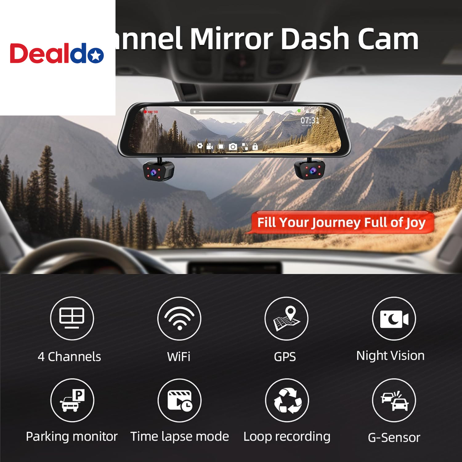 4 Channel Mirror Dash Cam, Dash Cam Front and Rear/Inside, Touch Screen 12’’ FHD