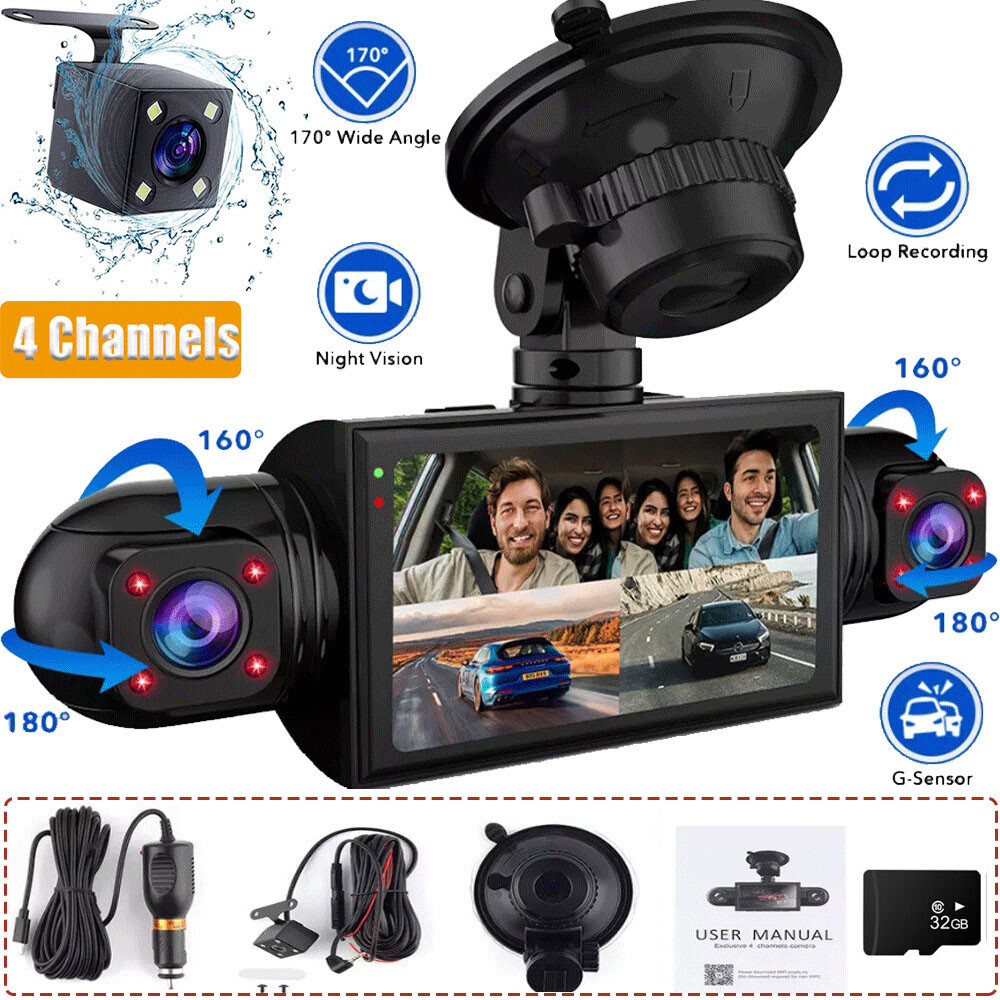4 Channel Dash Cam 1080P 4 Lens Driving Recorder G-Sensor Car Front+Rear Camera