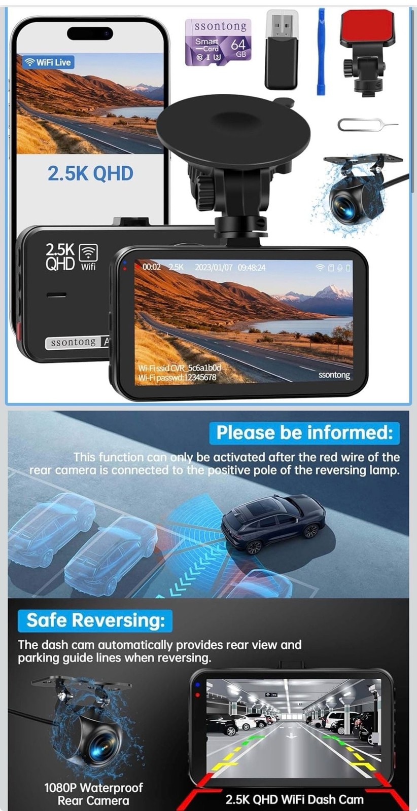 ssontong A16W 2.5K QHD WiFi Dash Cam Front and Rear with 64GB Card