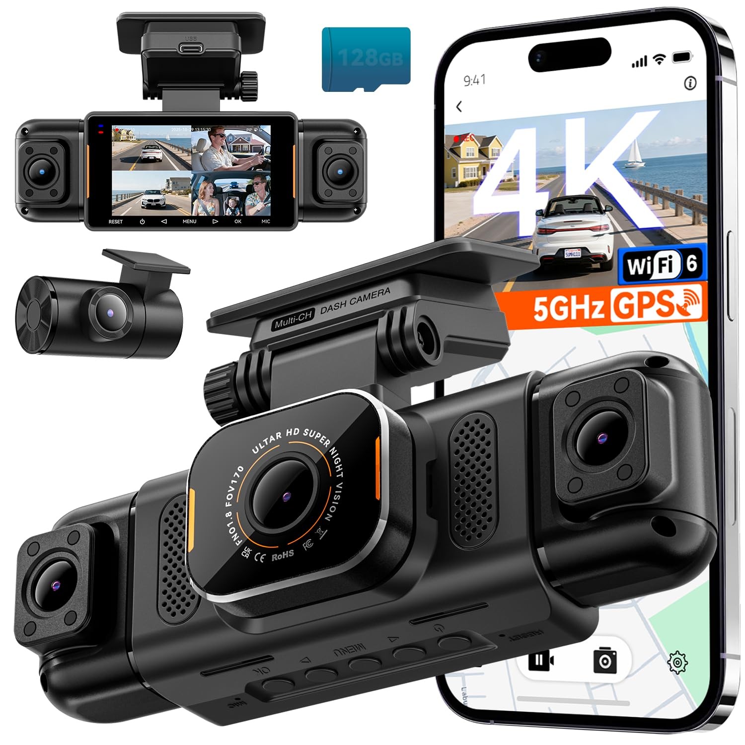 N5 PRO 4K 4 Channel Dash Cam, 360° AllAround View, 1080P Rear and Inside, 5G …