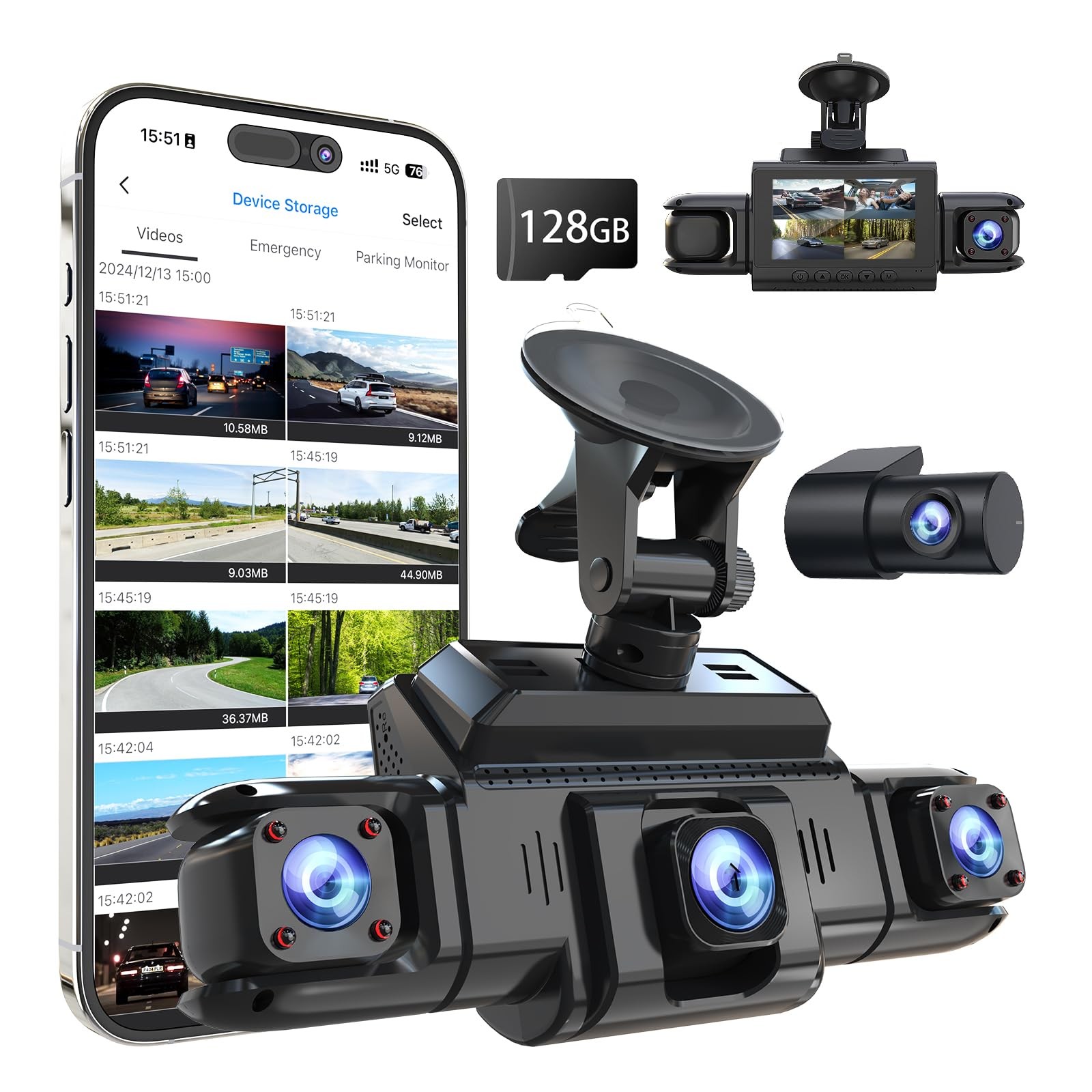 360 View 4Channel Dash Cam with GPS, Night Vision, 128GB Card, 24H Parking Mode
