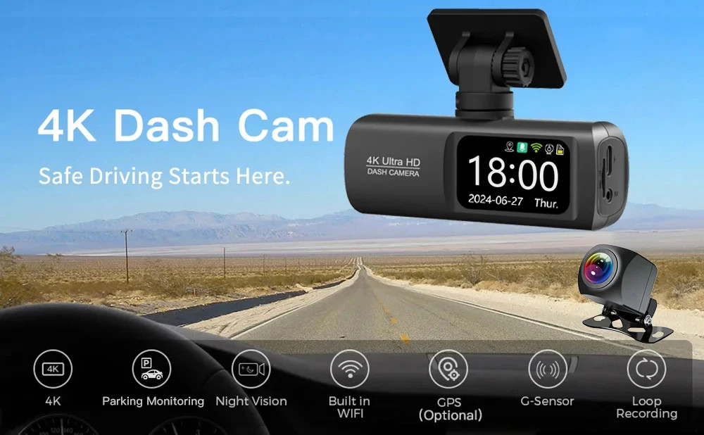 UHD 4K Dash Cam Dual Lens With 1080P Rear view Camera Night Vision Black Box