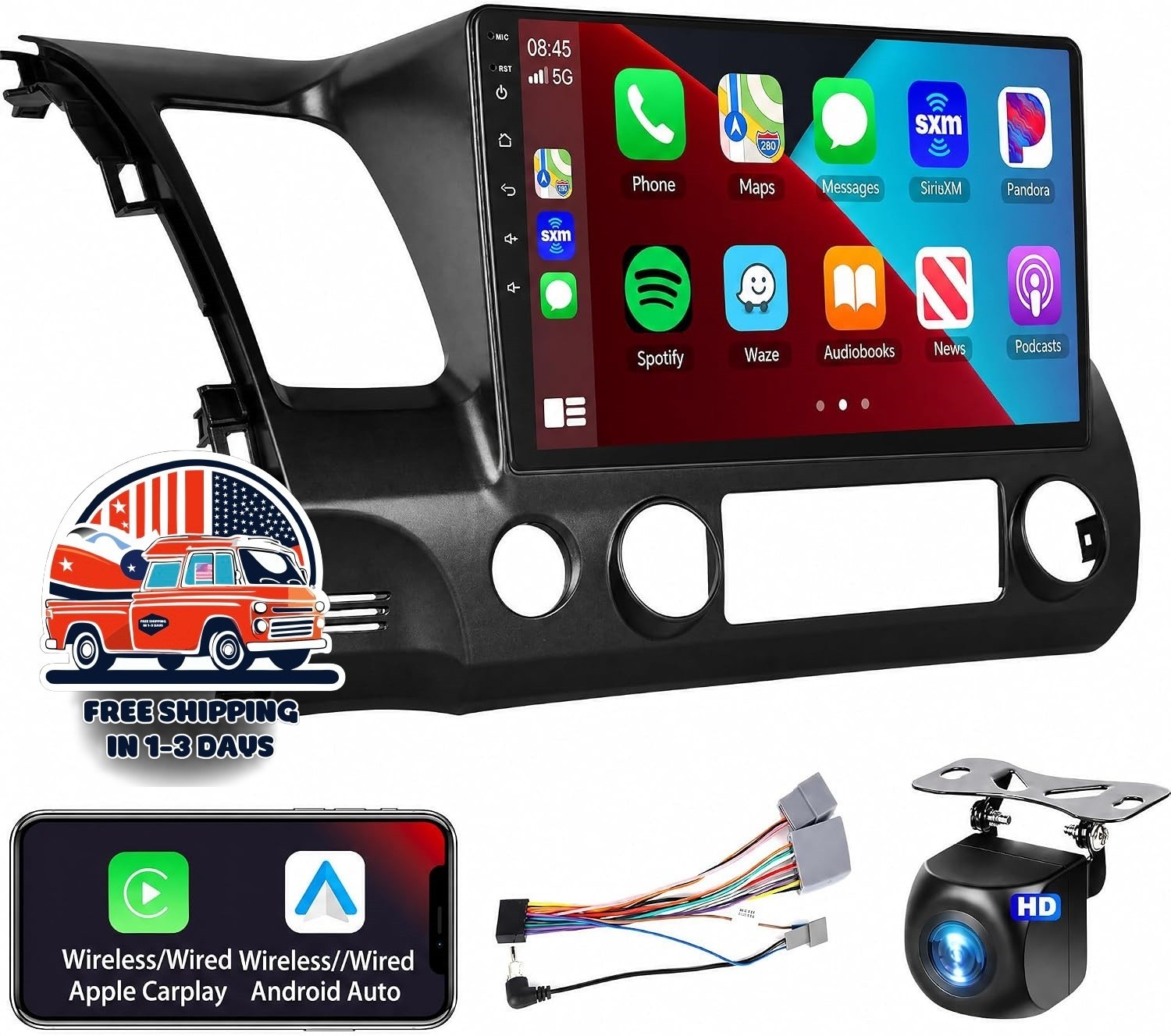 Radio Auto 10.1″ CarPlay Inalámbrico Android Auto 4Core 64GB Camara GPS US NUEVO
