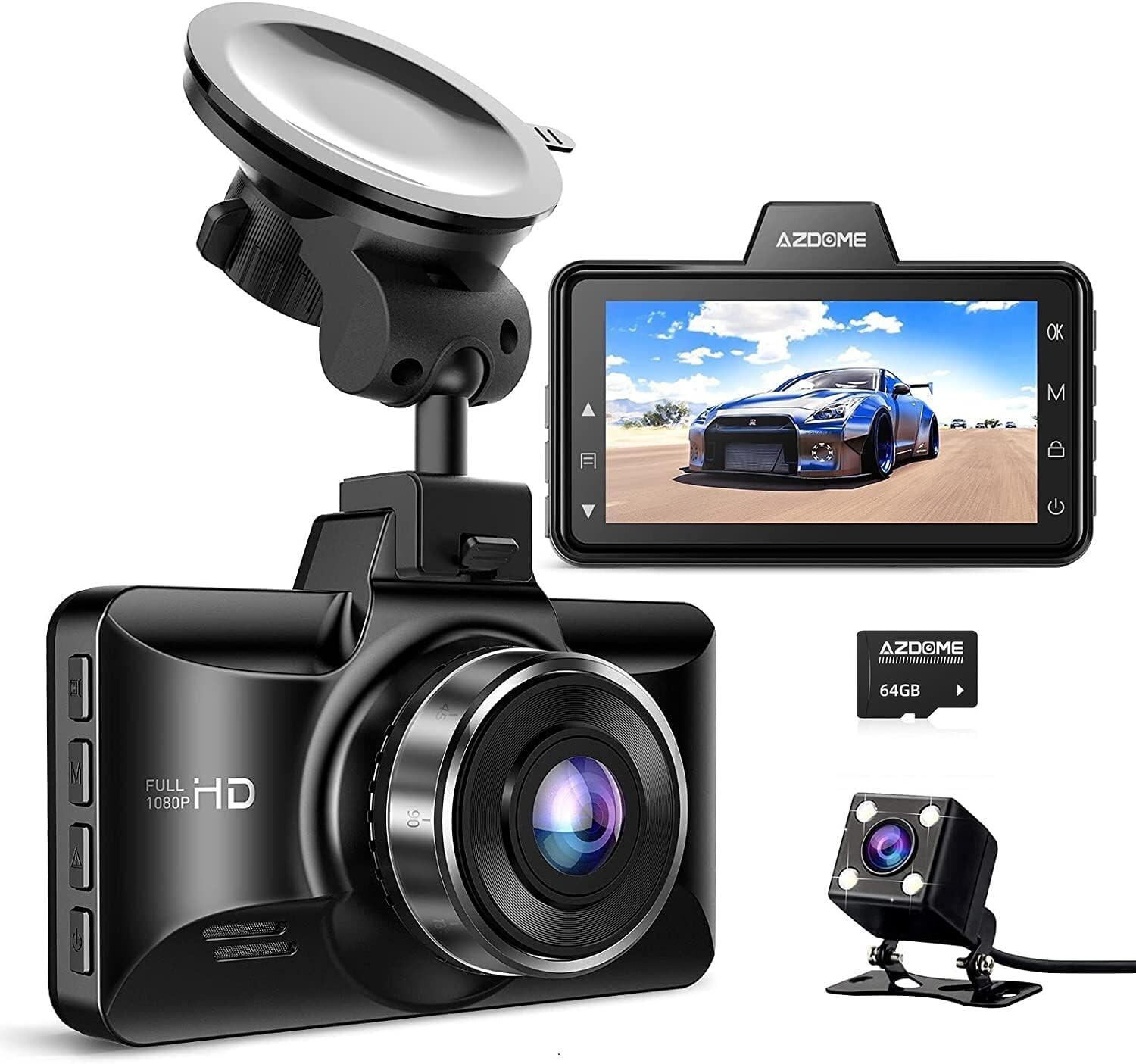 AZDOME M01Pro Dual Dash Cam and Mirror Mount Holder Bundle – Black