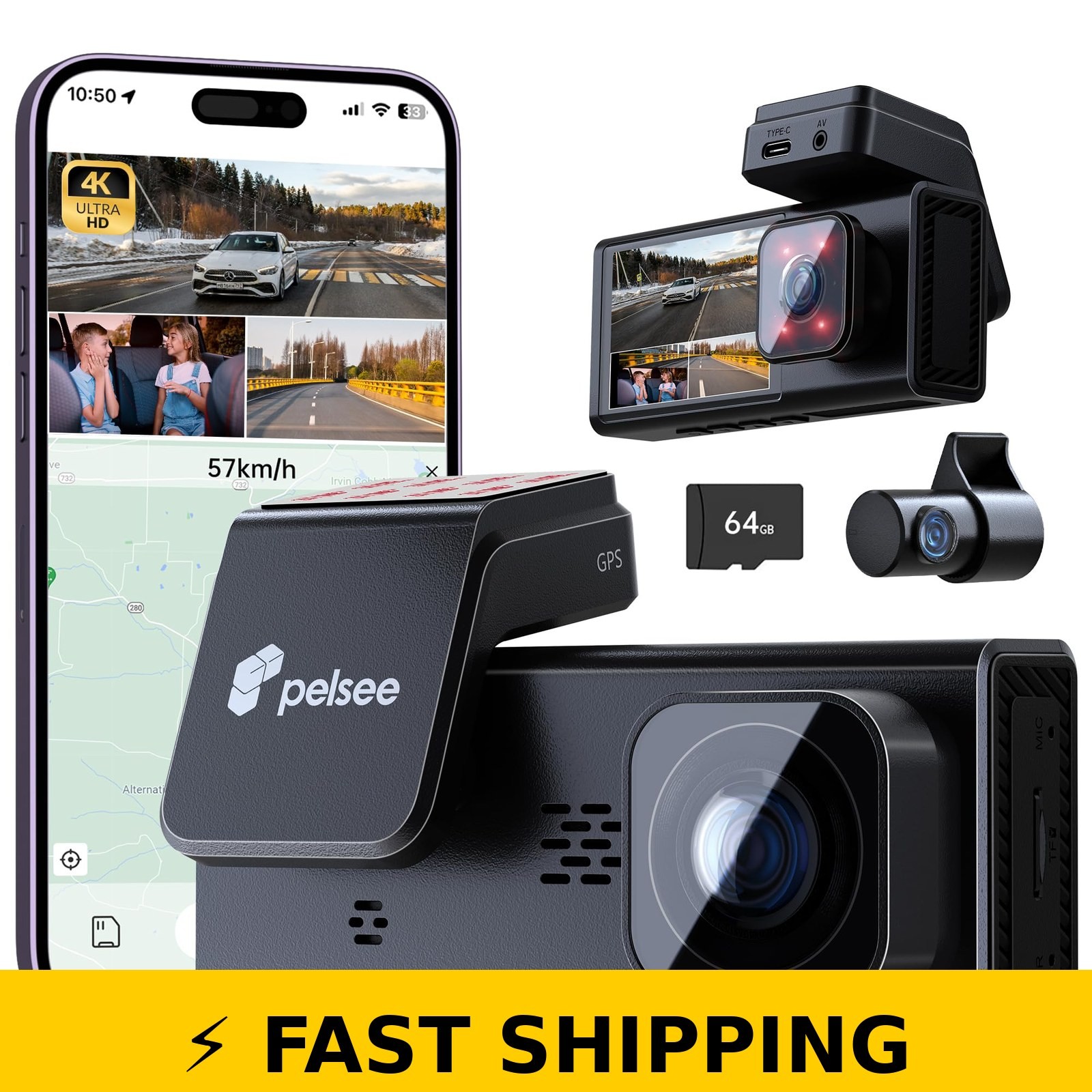 Pelsee 4K Dash Cam Front Rear Inside with WiFi & 64GB Card