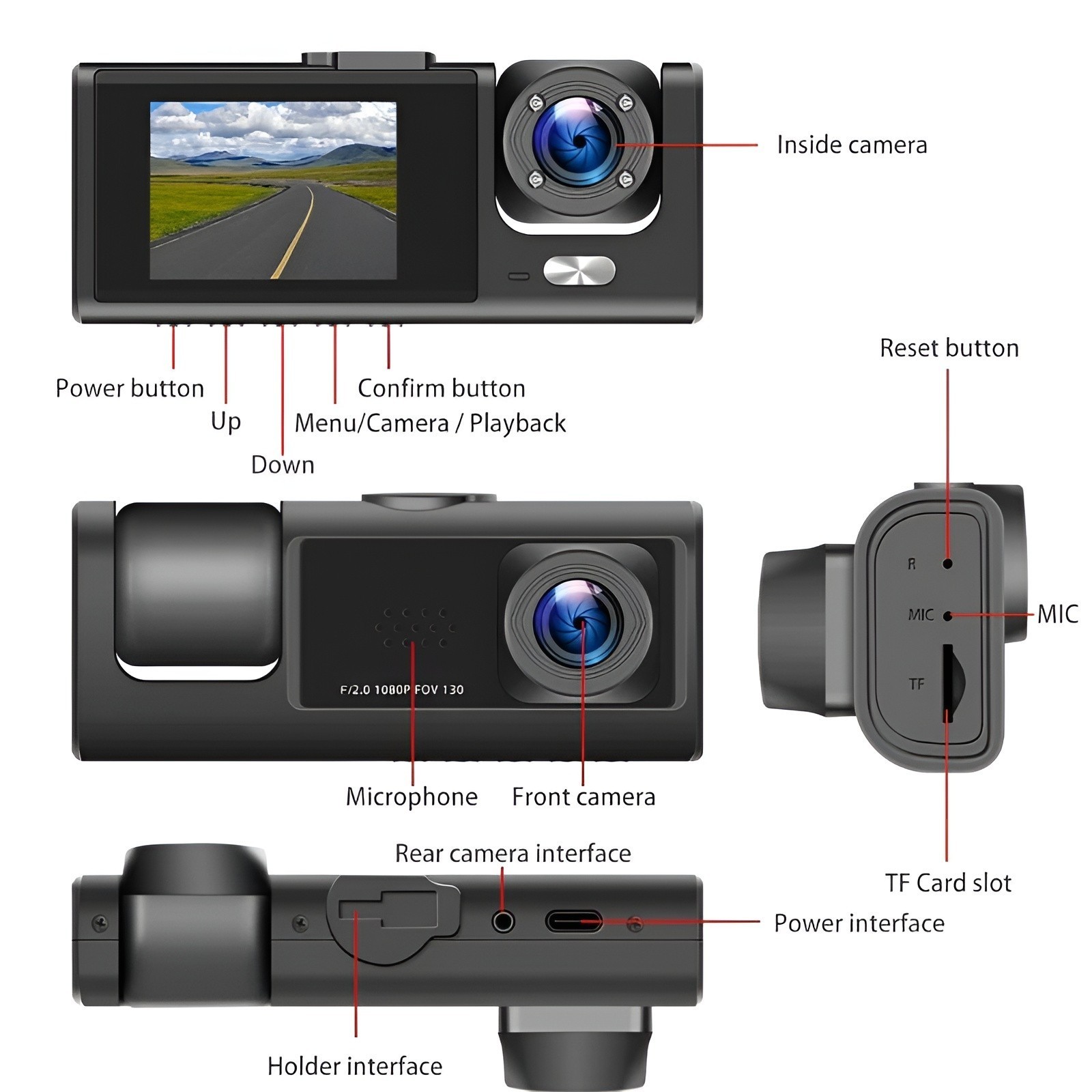Dash Cam Car HD 1080P Front/Rear/Inside Dual Lens Video Recorder Camera G-Sensor