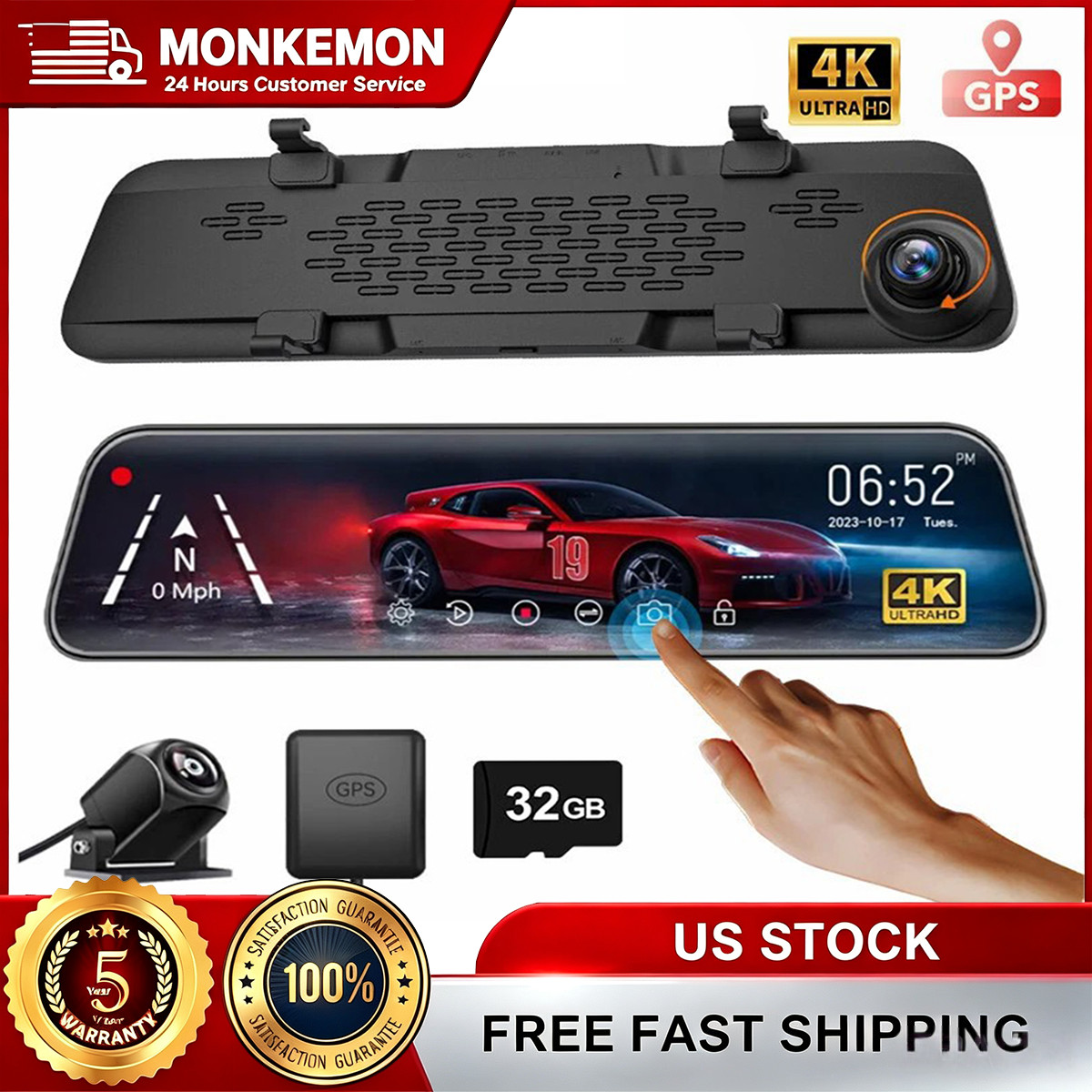 4K 10″ Dual Dash Cam Car Rear Mirror View Backup Dual Camera G840S