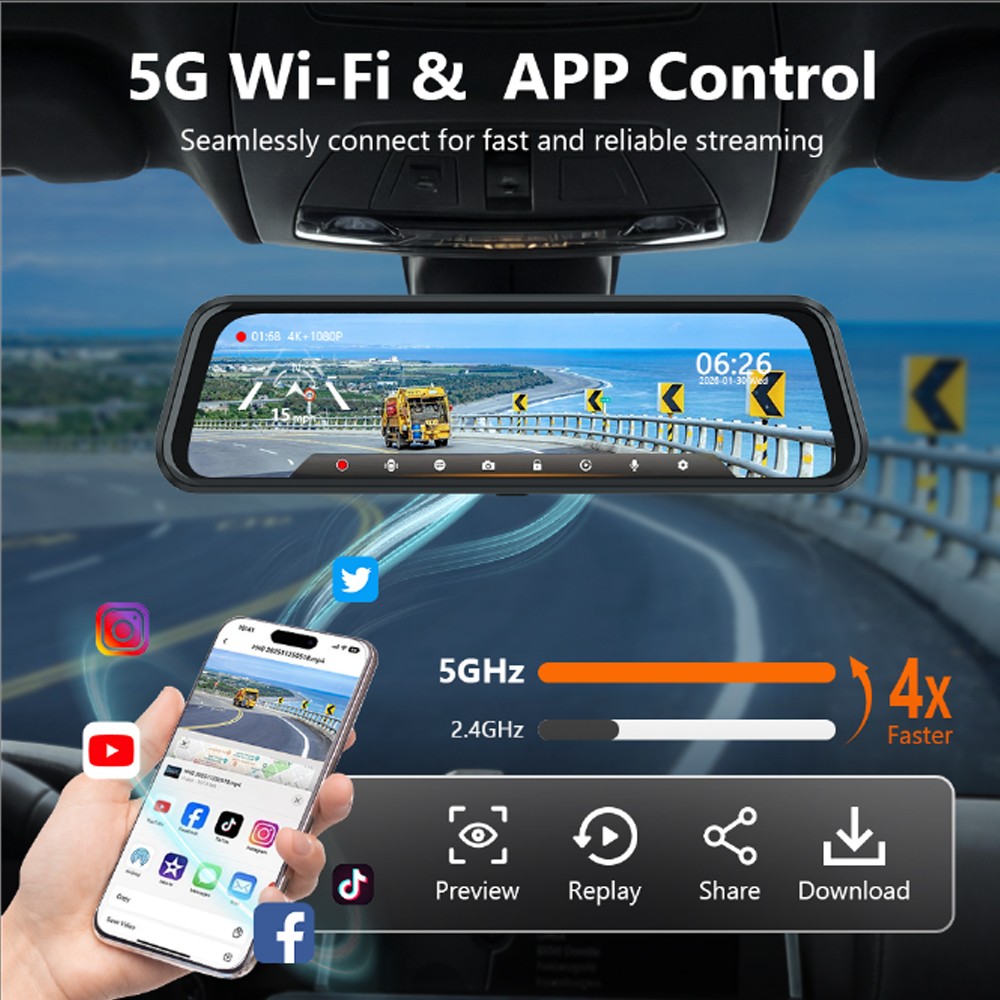 4K 9.6612″ R30S Dash Cam Mirror GPS Car Rear View Dual Camera Night Vision NEW