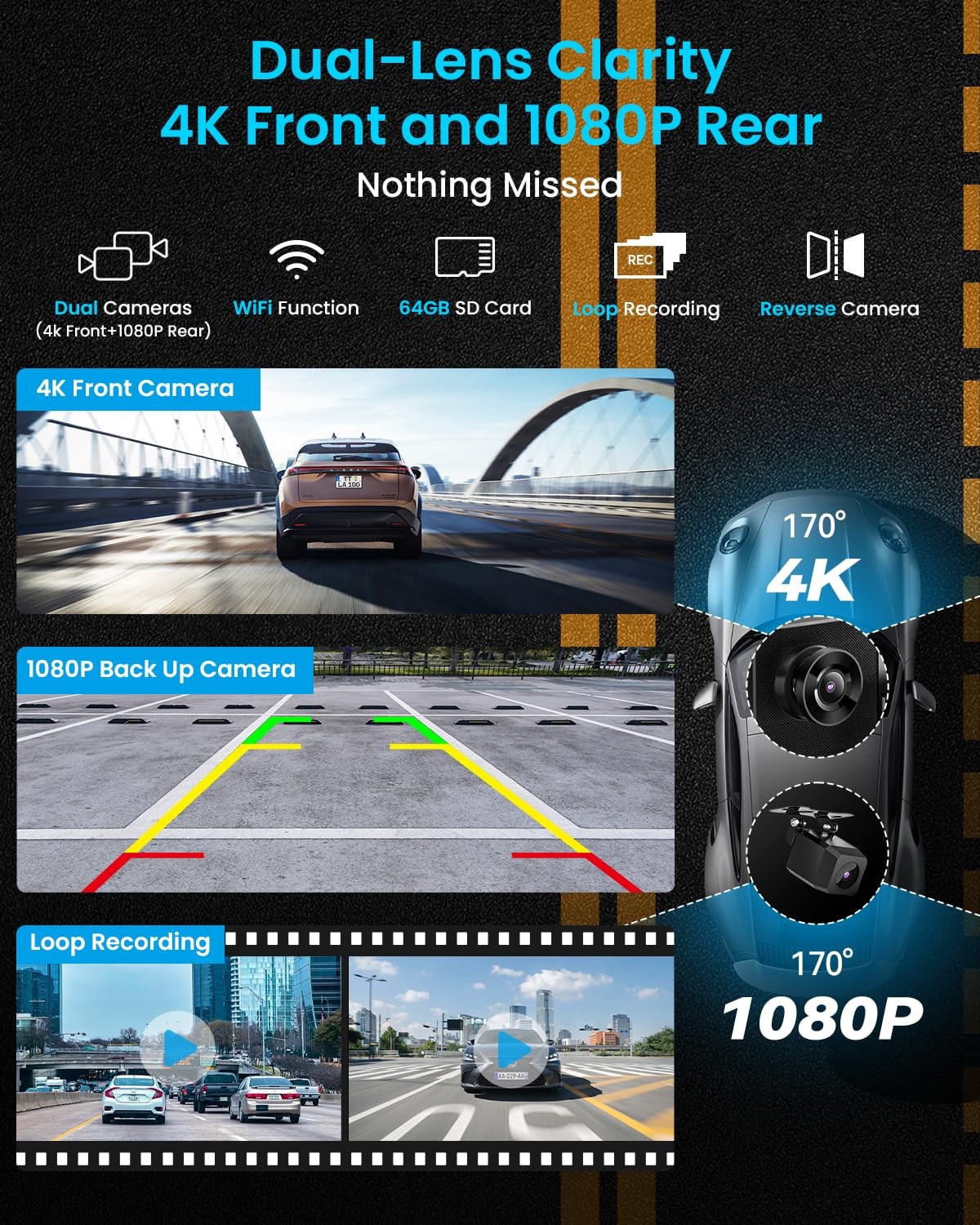 IK5 9 Wireless CarPlay Android Auto Screen 4K Dash Cam