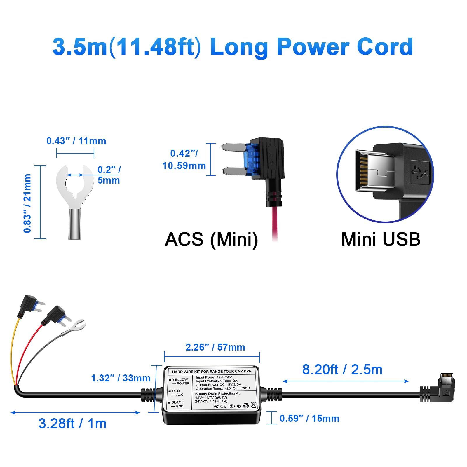 3-Core Dash Cam Hardwire Kit Mini USB Fuse Cable for Cars 12V-24V to 5V