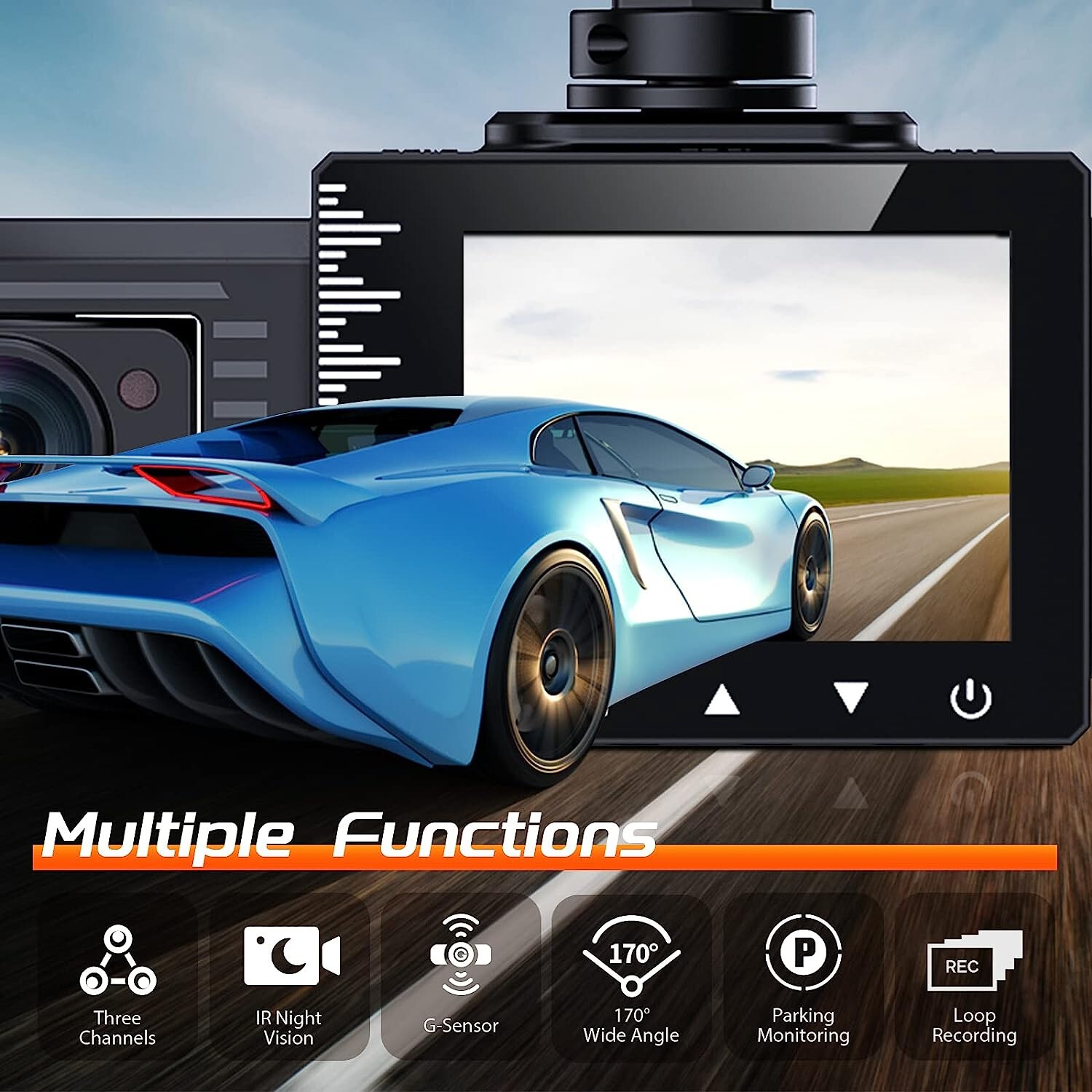 3Lens Dash Cam Dual 180 Degree Front and Rear Inside 3 Channel 1080P & 32 GB SD