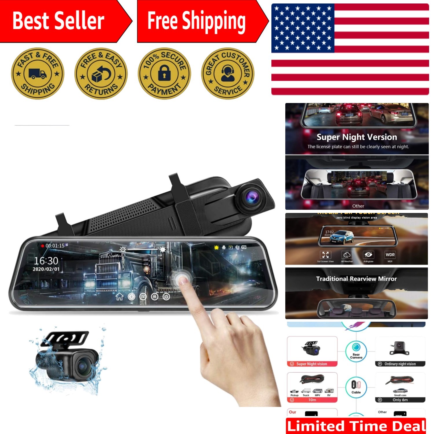 10-Inch Mirror Dash Cam with Dual 1080P Night Vision & 170° Wide Angle View