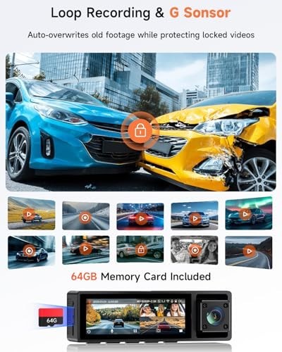 3 Channel Dash Cam 4K 2.5K 1080P Wi-Fi App Control 64GB Card Included G-Sensor