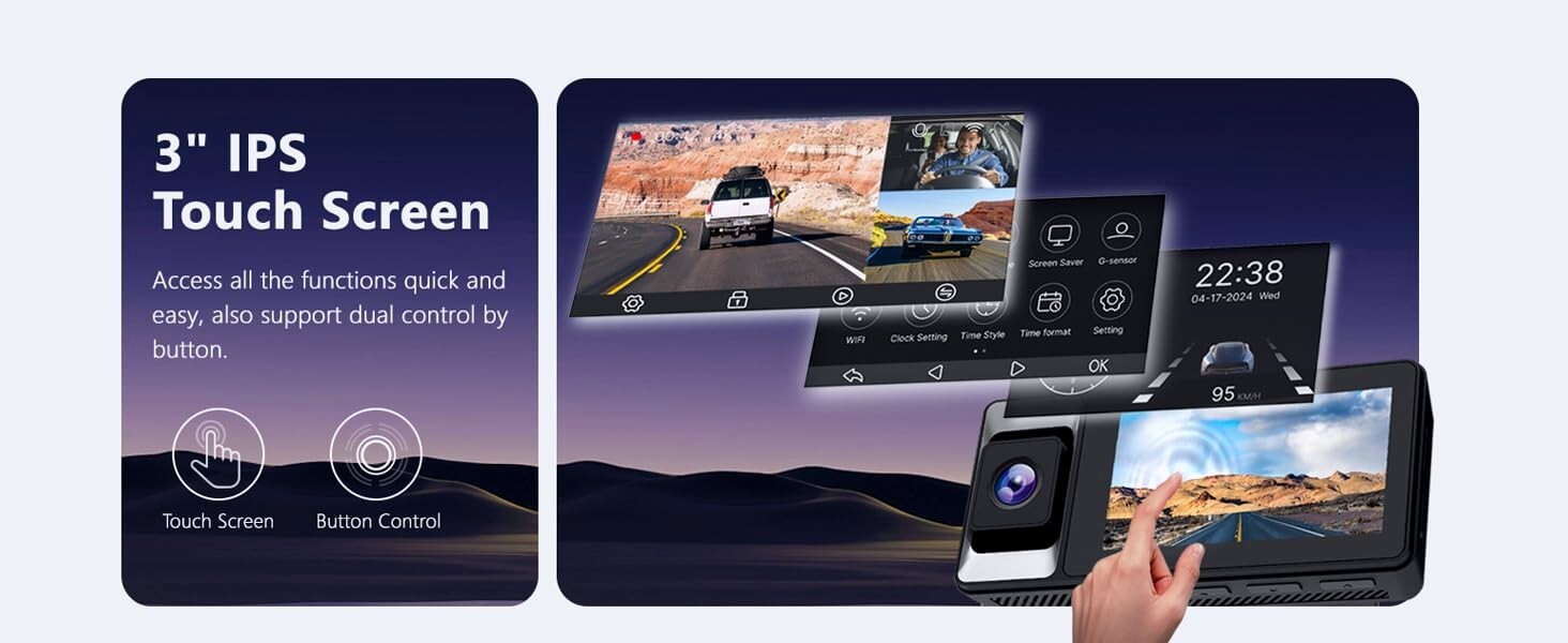 3 Channel Dash Cam 4K+1080P+1080P HD Triple Dashcam with 5G WiFi, 3″ IPS Touch S