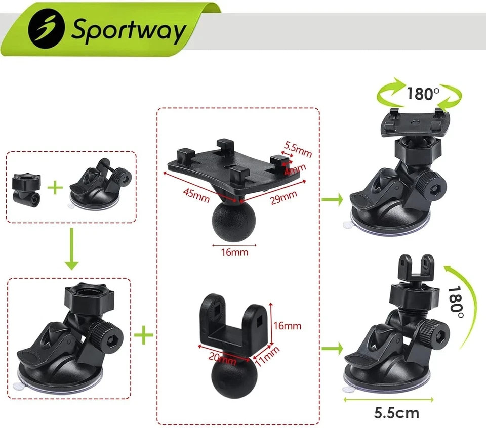 Sportway S40 Dash Cam Suction Mount (3rd Gen) with10pcs 360 Rotating Black
