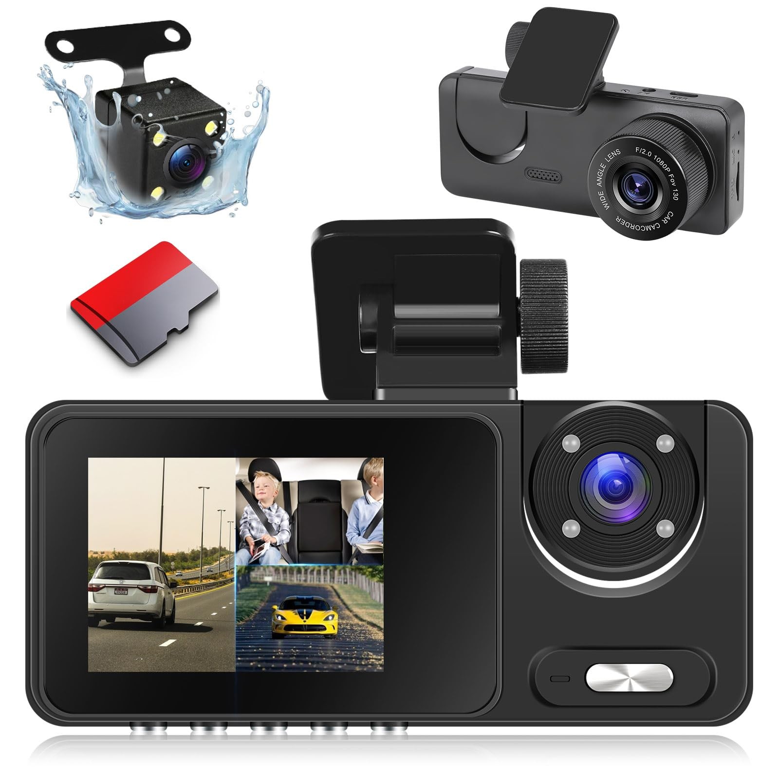 3 Channel Dash Cam Front and Rear, 1080P Dual Dashcam with 4 IR LEDs – 2 inch…