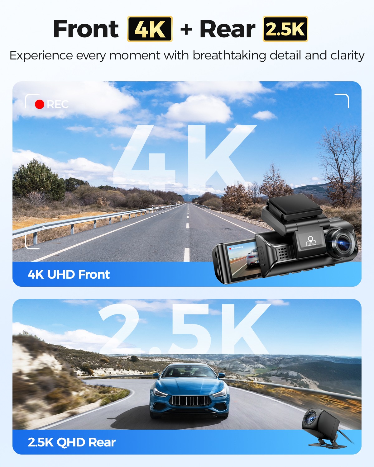 AZDOME 2CH 3.19″4K+2.5K Dash Cam 5GWiFi GPS Park Mode Voice Control+Hardwire-Kit