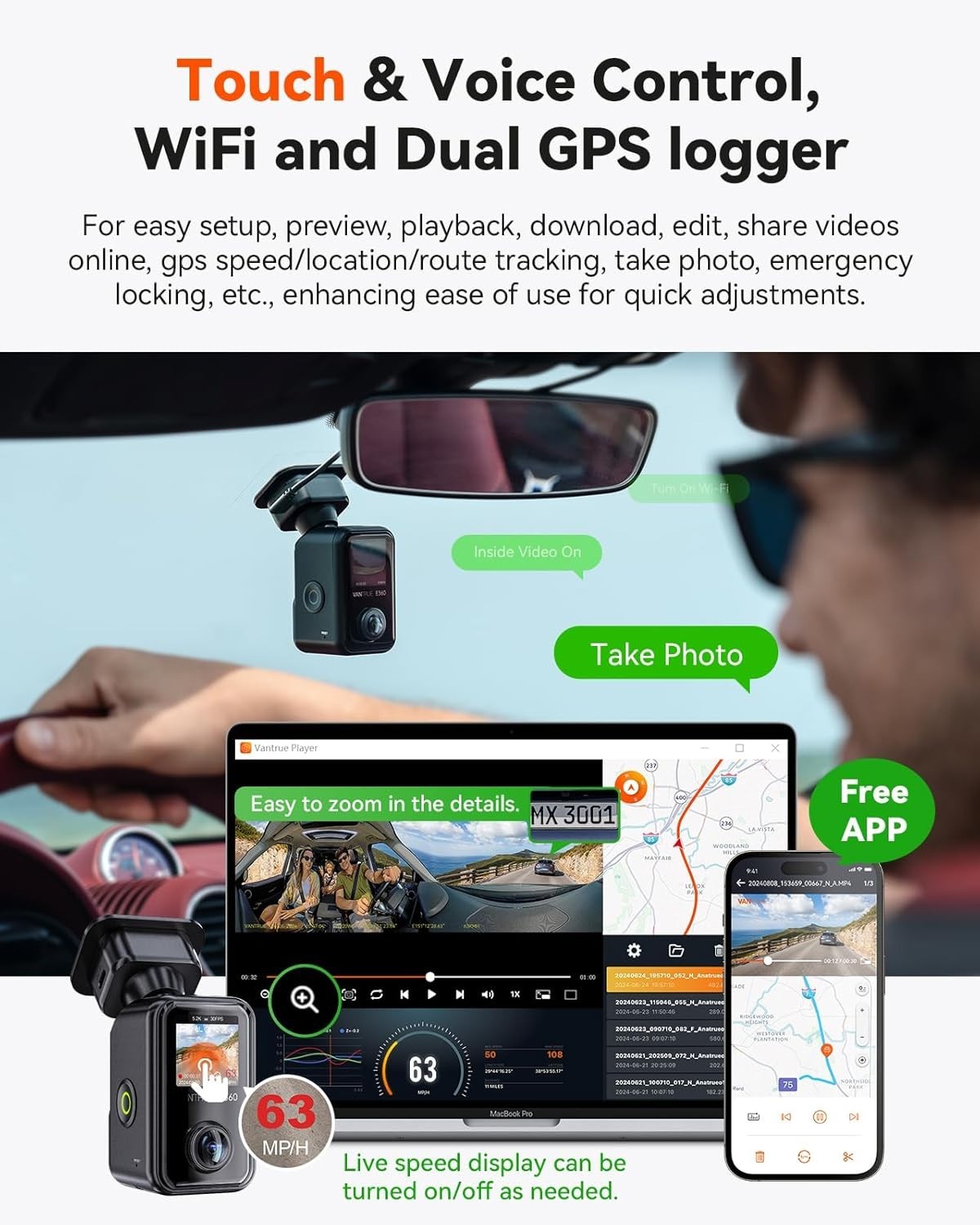 Vantrue E360 5.2K 360° Panoramic Dash Cam, 5GHz WiFi GPS HDR IR Night Vision
