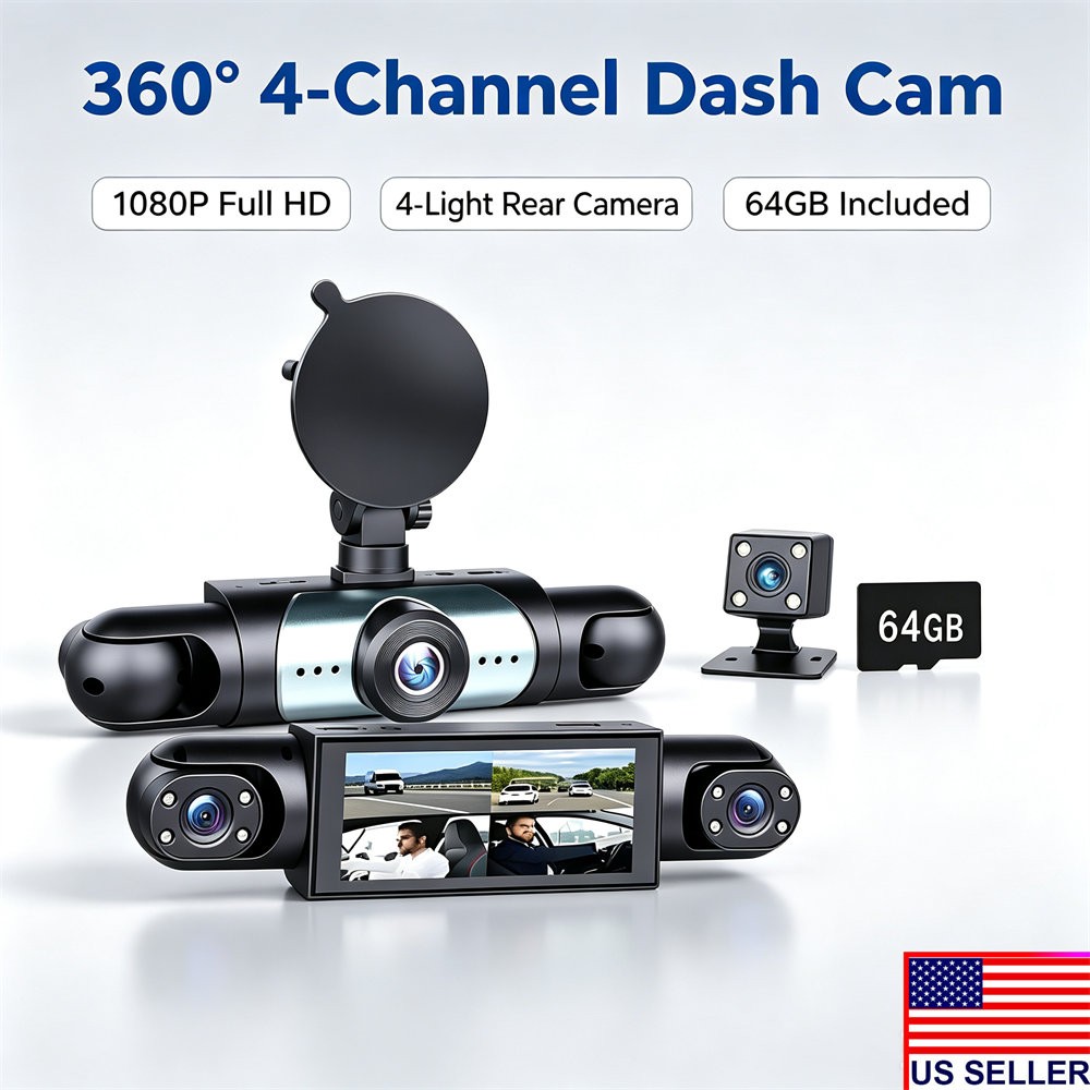 Full HD 1080P 4-Way Dashcam 360 Degree View Night Vision with 64GB Memory Card
