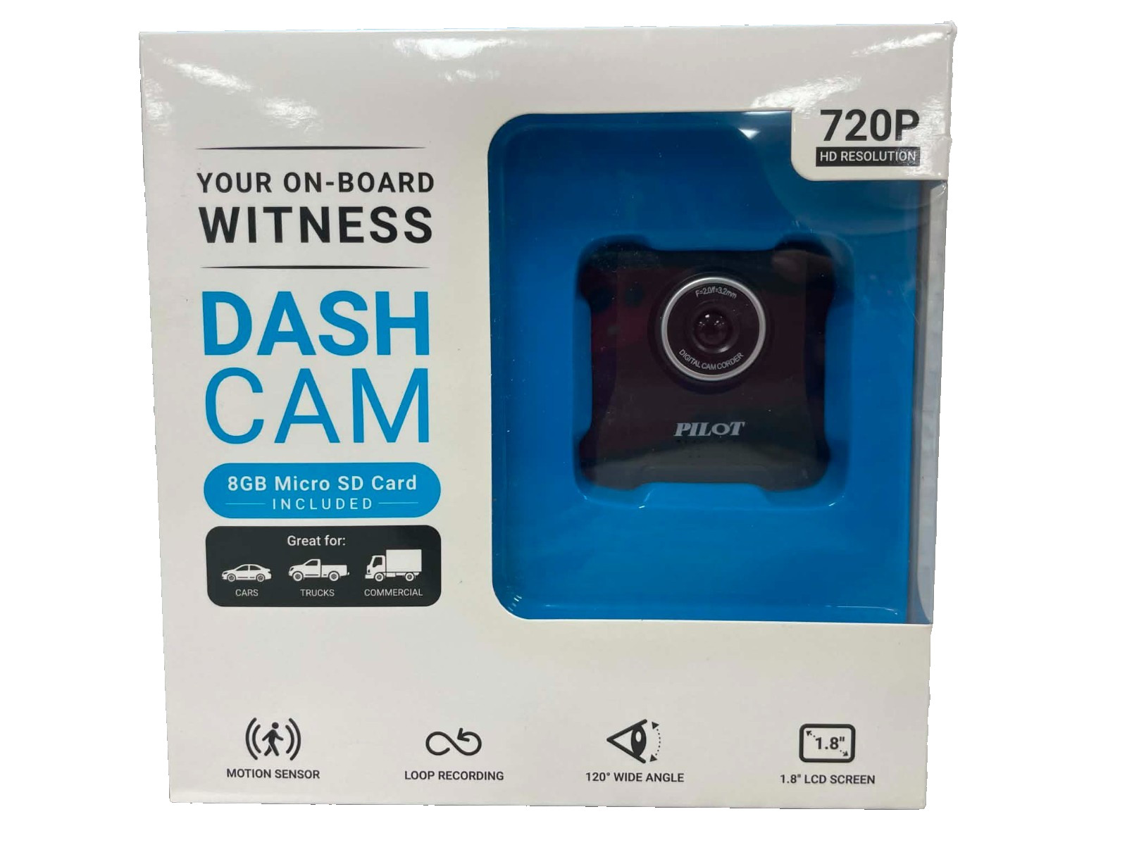 Pilot Automotive Dash Cam WM-507-8 720p HD Car Camera Witness 8GB Micro SD New
