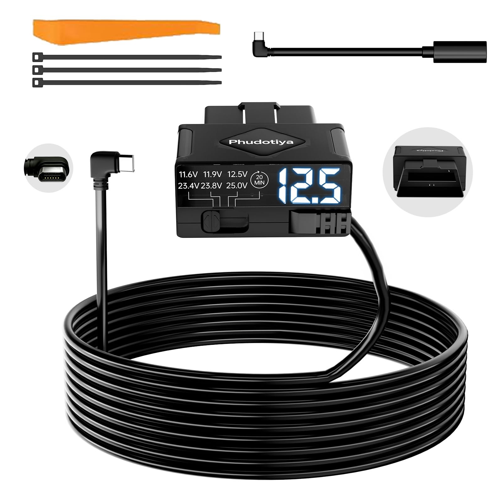 OBD2 to USBC Power Cable for Dash Cameras with Low Volt Protection & Detection