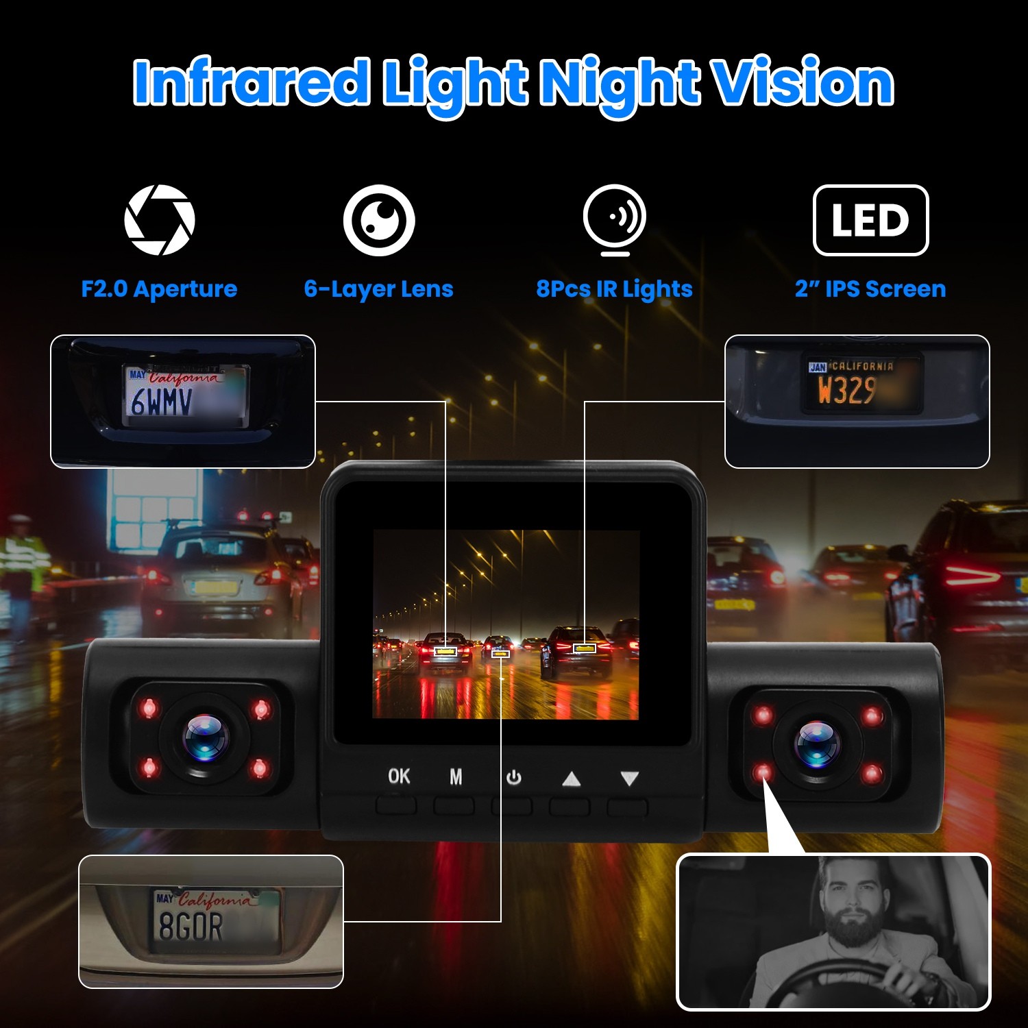 1080P FHD Car Dash Cam Front Inside Rear Camera Night Vision Video Recorder