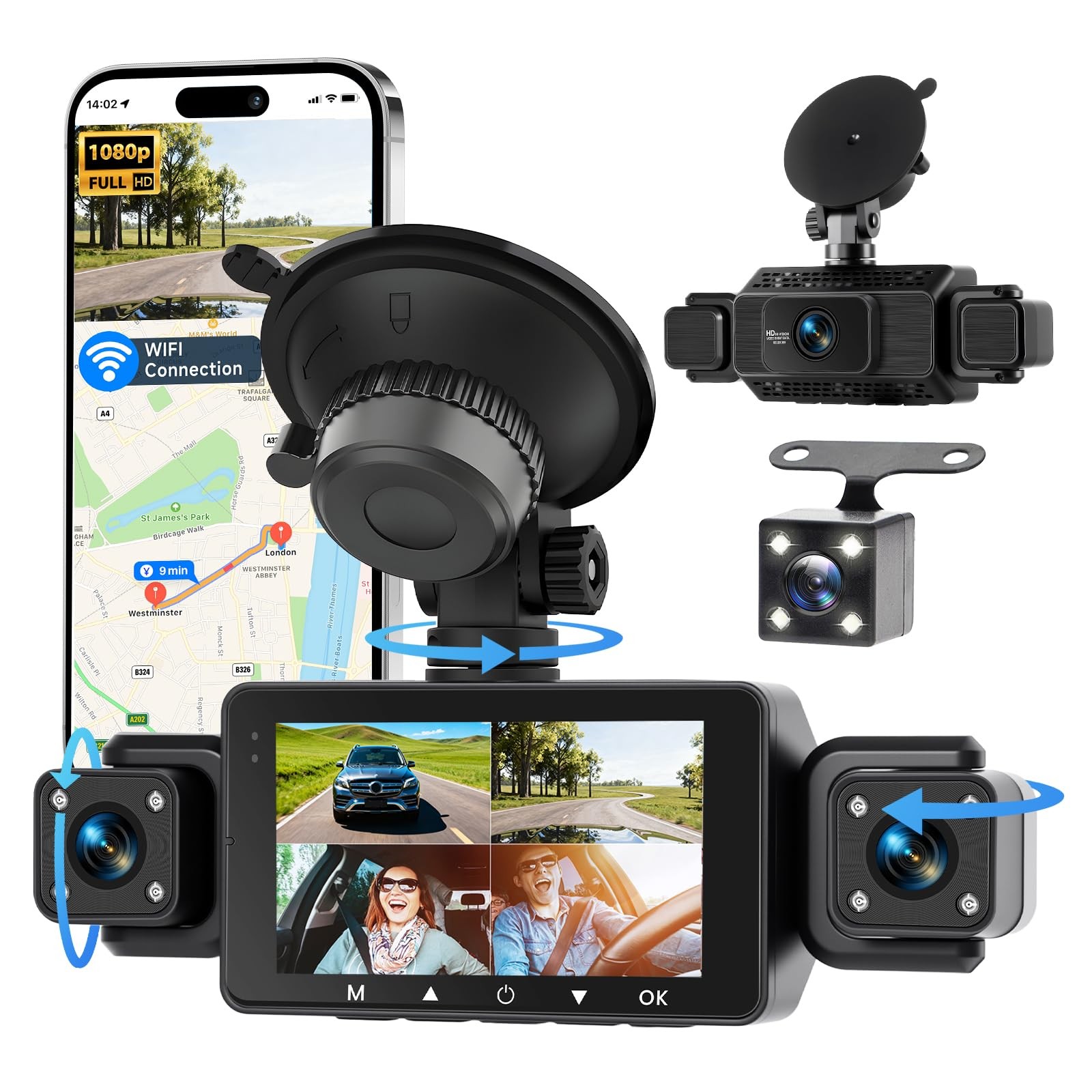 4 Channel Dash Cam 360° View Front and Inside Rear, 3 Inch 1080P Full HD Dash…