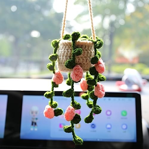 Boho Crochet Hanging Accessories – Cute Plants for Women’s Car Mirror Pink