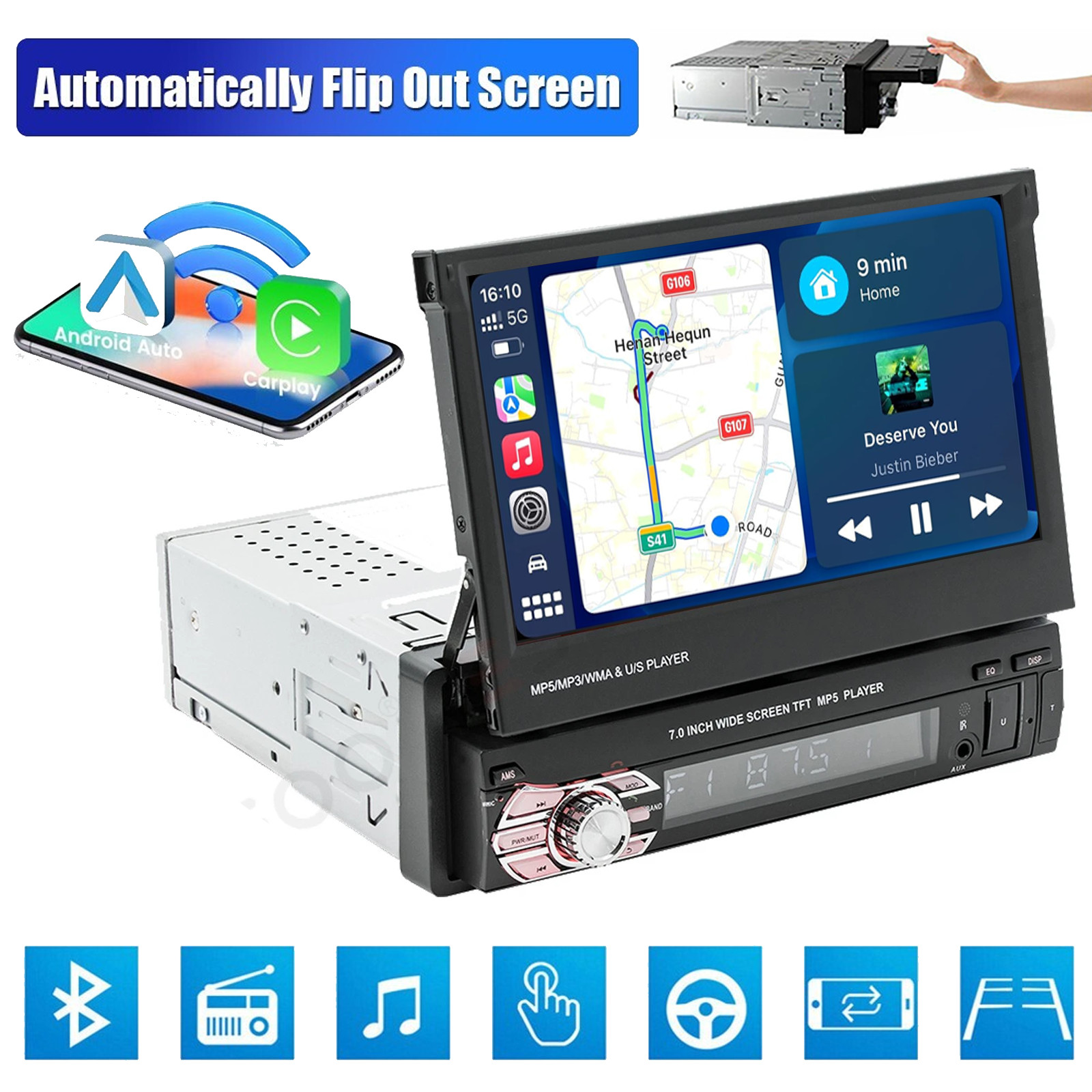 7″ Single 1Din Car Stereo Radio Flip Out Touch Screen MP5 Player GPS Bluetooth
