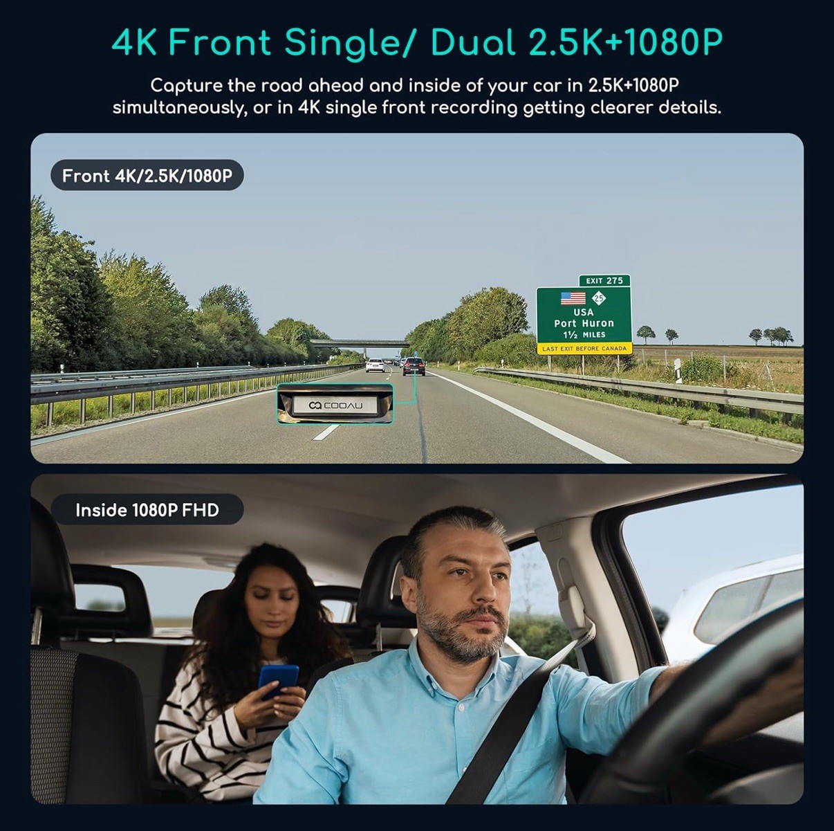 COOAU D30S 4K Dash Cam with GPS Wi-Fi Front & Inside Uber Car Camera, Night Vis.