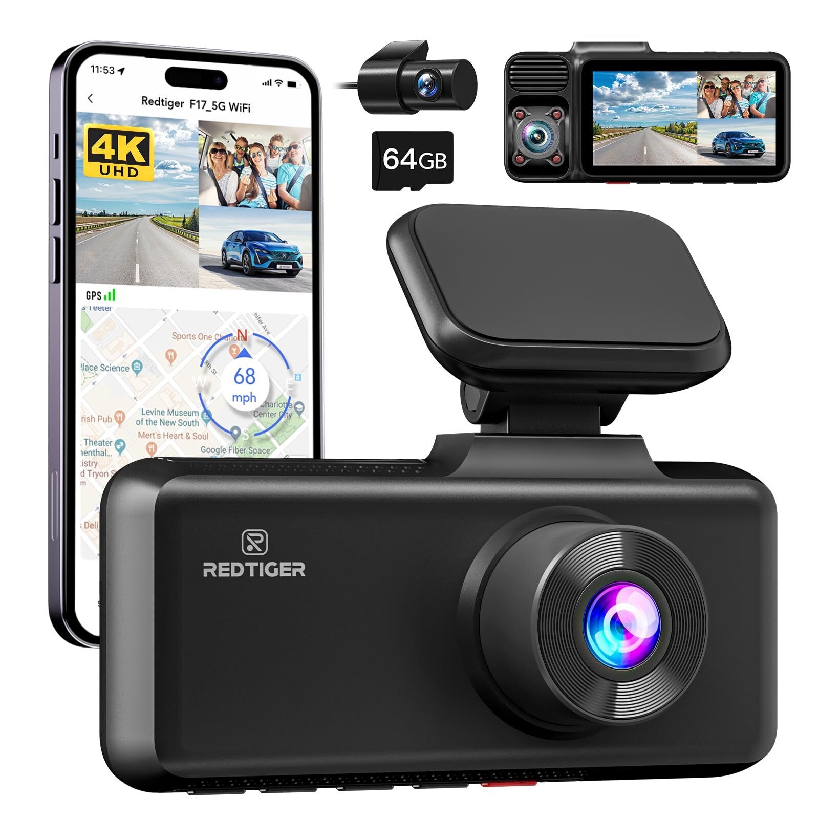 REDTIGER A3 3 Channel 32GB Card Dash Camera 2.5K/1080P Front WDR Night Vision
