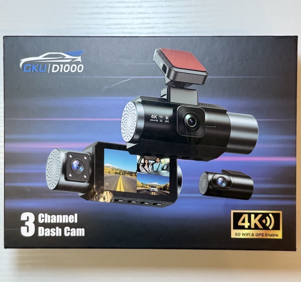 GKU 4K 3-Channel Dash Cam Front Rear Inside WiFi GPS 64GB Car Camera Recorder