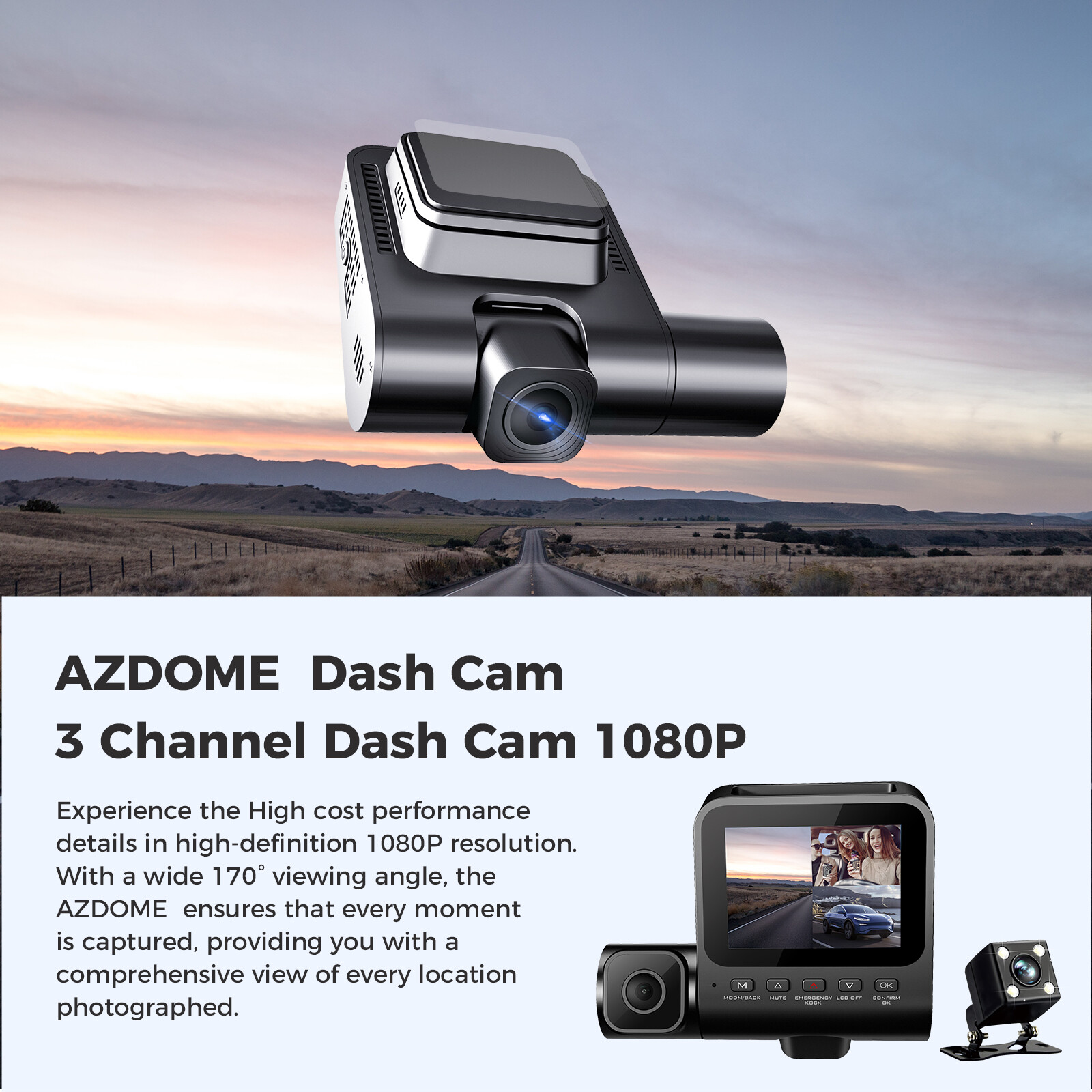 AZDOME 1080P+1080P+VGA 3 Channel Dash Cam 24H Parking Mode Night Vision Recorder