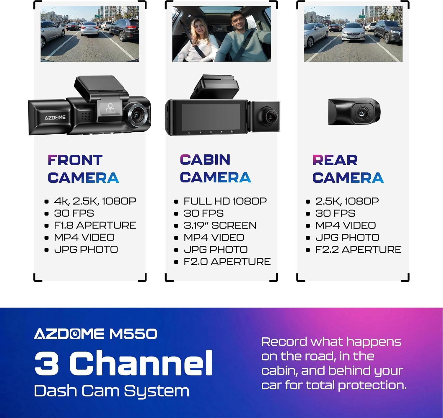 3-Channel Dash Cam AZDOME M550 4K GPS WiFi