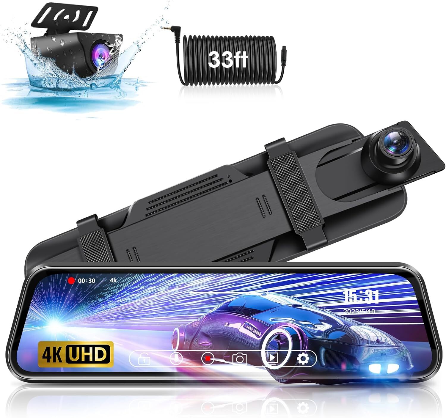 Upgraded 4K 10” Rear View Mirror Camera Mirror Dash Cam Front and Rear Touch